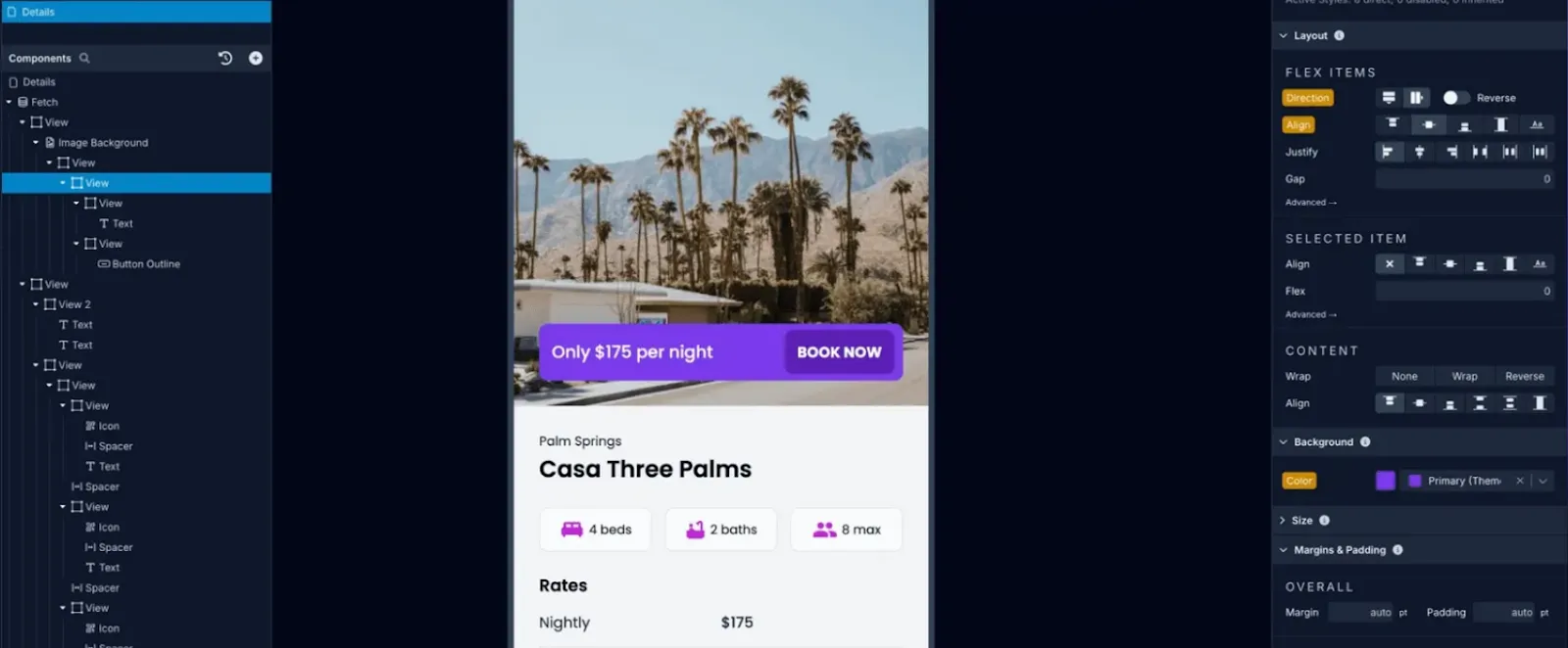Интерфейс no-code редактора приложений с визуальным дизайнером карточки отеля и панелью настроек компонентов