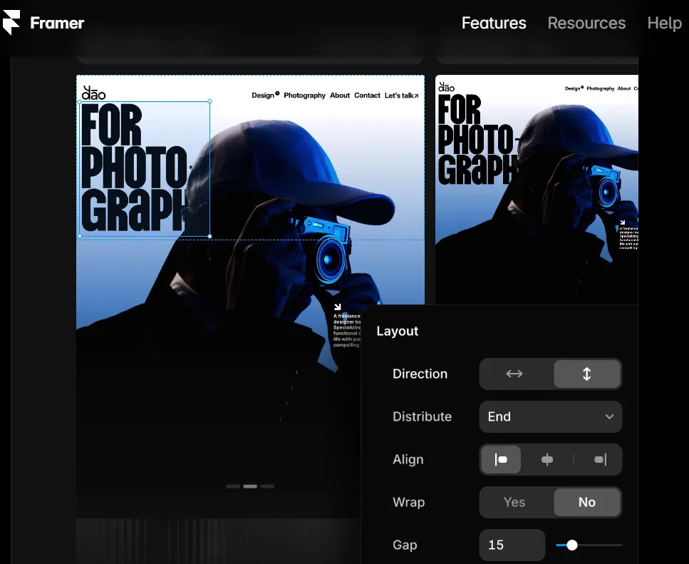 Интерфейс Framer с дизайном сайта фотографа и панелью настроек макета (Direction, Distribute, Align, Wrap, Gap)