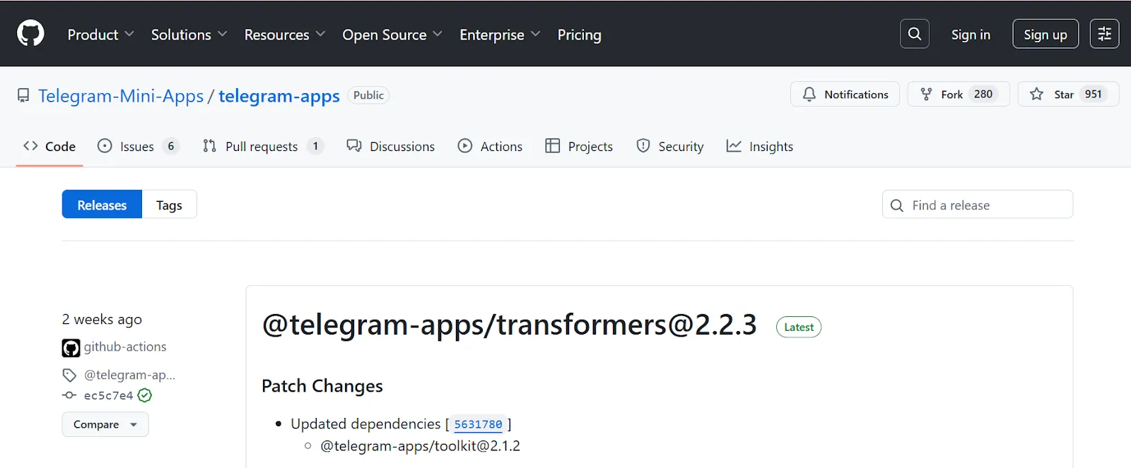 Страница релизов GitHub репозитория Telegram Mini Apps с последним обновлением версии