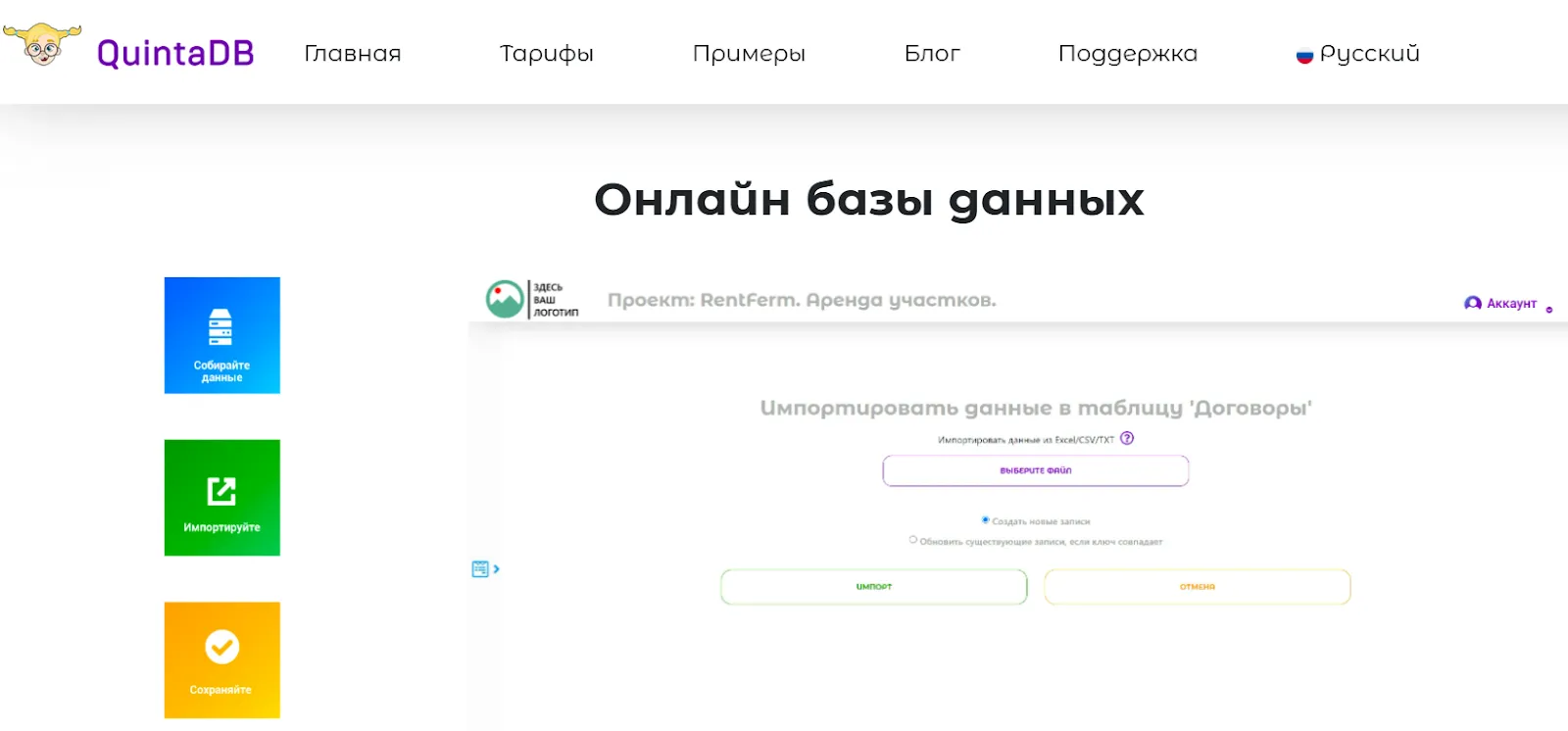 Интерфейс онлайн базы данных QuintaDB с функциями импорта и сбора данных для no-code разработки