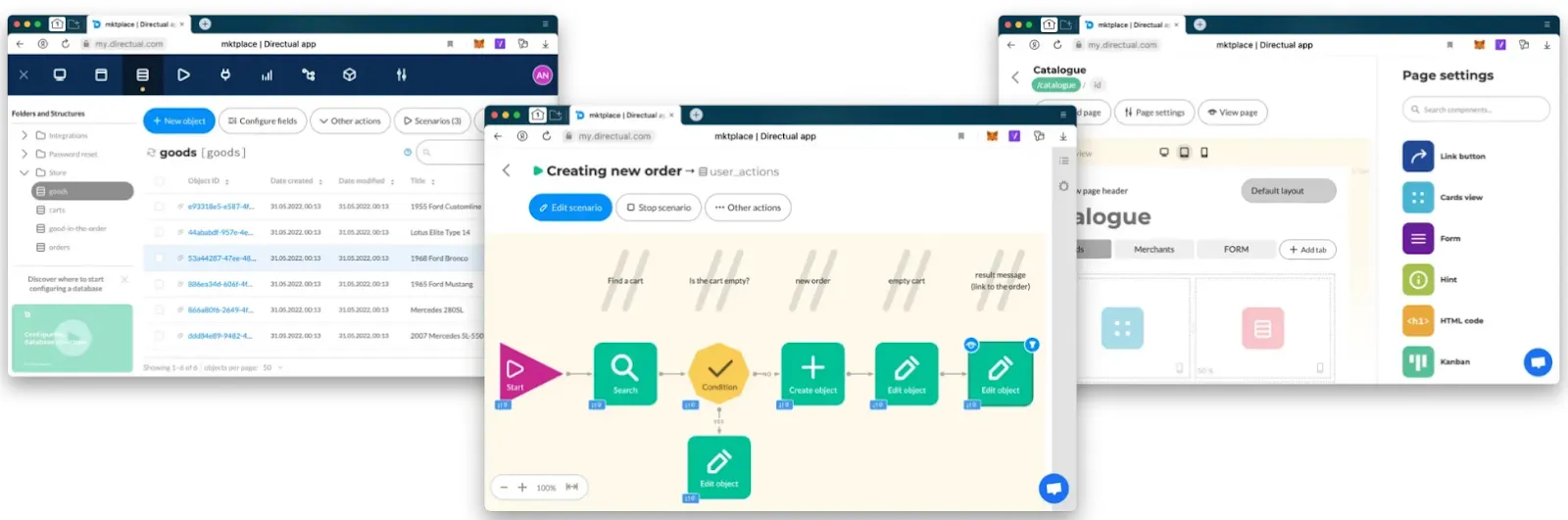 Визуальный редактор сценариев no-code платформы Directual с процессом создания заказа методом drag-and-drop