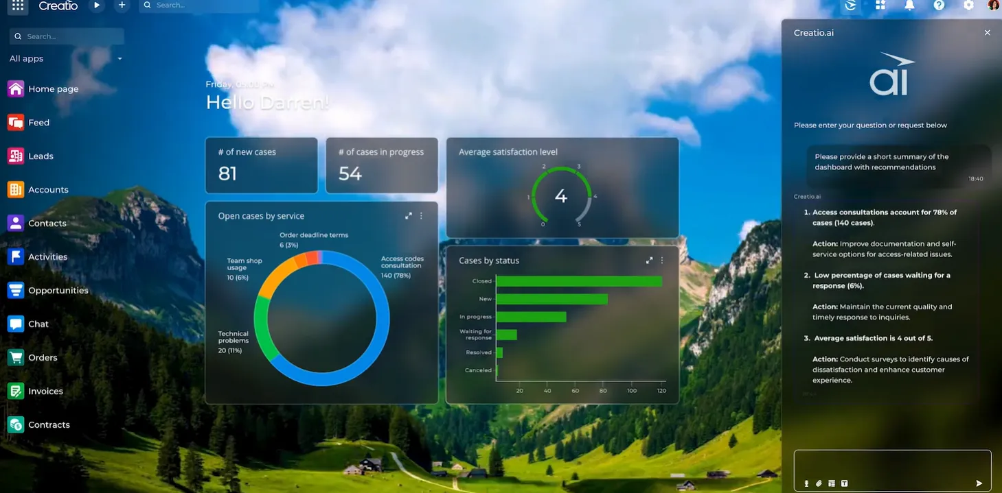 Дашборд Creatio CRM с аналитикой обращений, круговыми диаграммами и AI-ассистентом для бизнес-рекомендаций