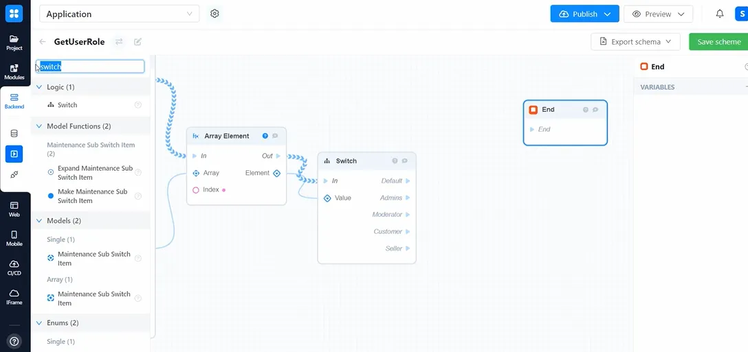 Визуальный редактор бизнес-процессов no-code платформы с логикой переключателей и функциями моделирования данных