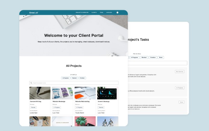 Клиентский портал для управления проектами с отображением всех проектов, задач и статусов выполнения