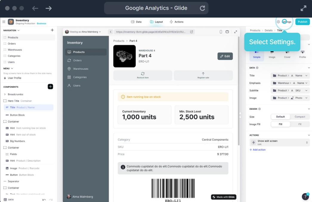 Интерфейс no-code платформы Glide для создания приложения управления складскими запасами с интеграцией Google Analytics