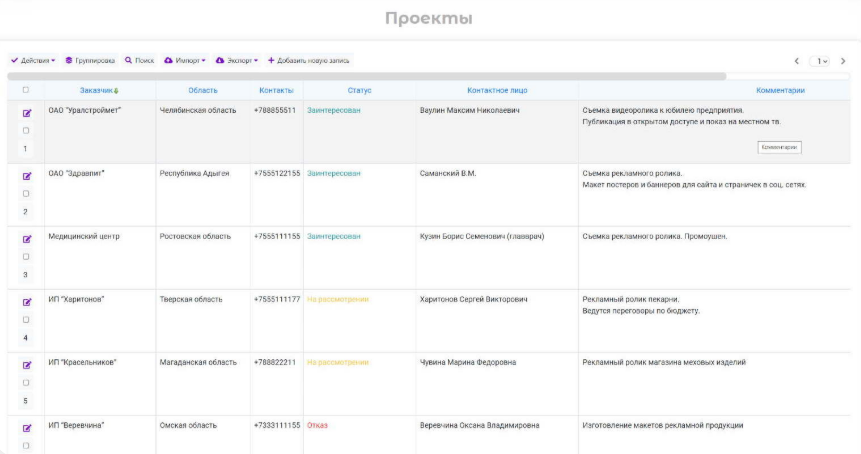 Интерфейс управления проектами в no-code базе данных с таблицей организаций