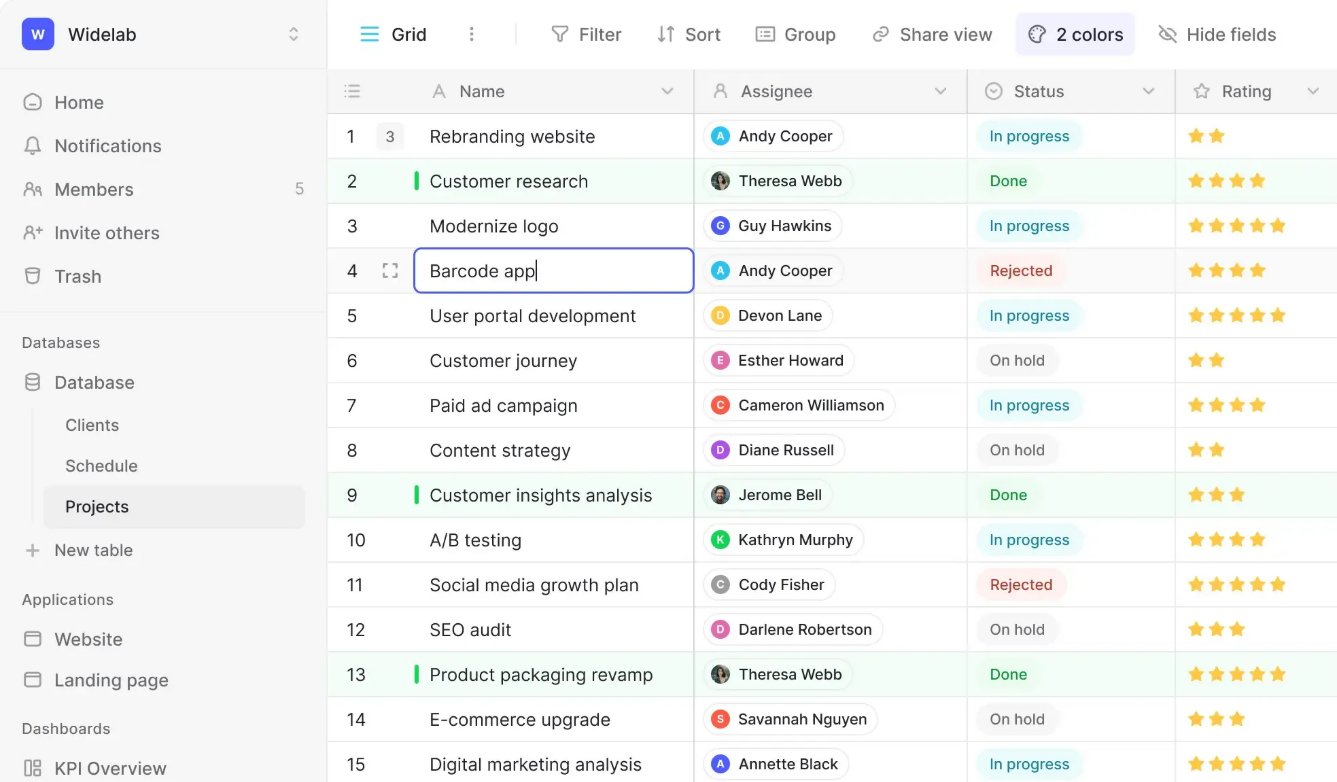 No-code инструмент управления проектами с таблицей задач, статусами и назначениями