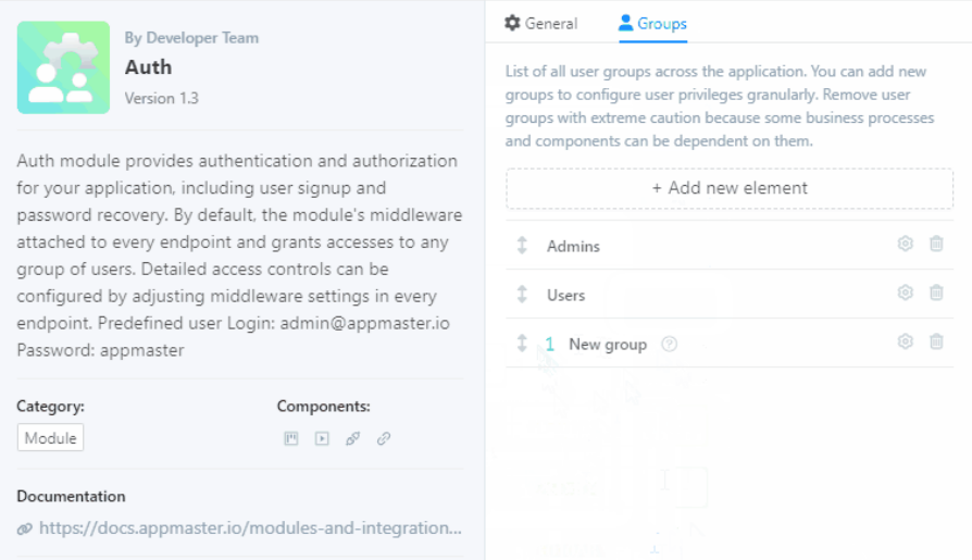 Страница настроек модуля аутентификации (Auth) версии 1.3 с вкладкой управления группами пользователей (Admins, Users, New group).
