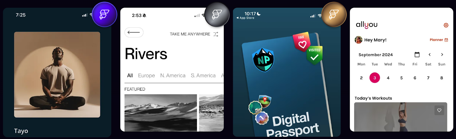 Четыре экрана мобильных приложений, включая приложение для медитации "Tayo", путеводитель по рекам с фильтрами по континентам, цифровой паспорт национальных парков и фитнес-планер "allyou" с календарем на сентябрь 2024 года.