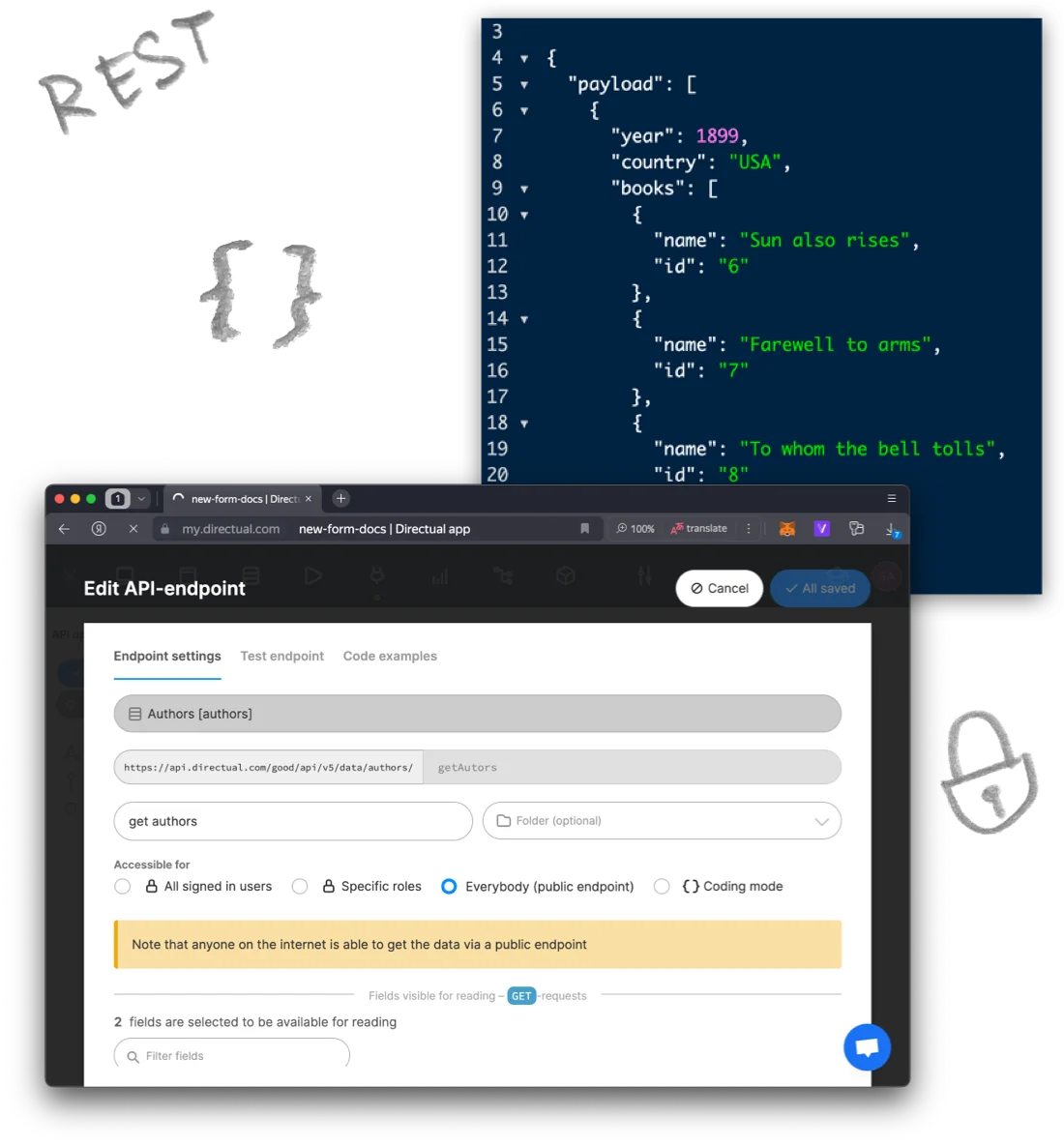 Редактор REST API-эндпоинта в приложении Directual для получения данных об авторах с публичным доступом, на фоне которого виден JSON-код с информацией о книгах.