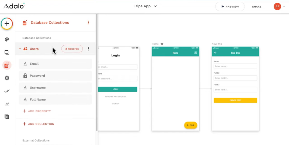 Интерфейс no-code платформы Adalo с коллекциями базы данных (Users с полями Email, Password, Username, Full Name) и превью экранов мобильного приложения для создания поездок.