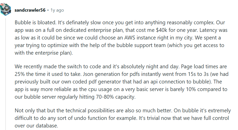 Комментарий пользователя sandcrawler56 на форуме о переходе с no-code платформы Bubble на традиционное программирование из-за проблем с производительностью и скоростью работы приложения.