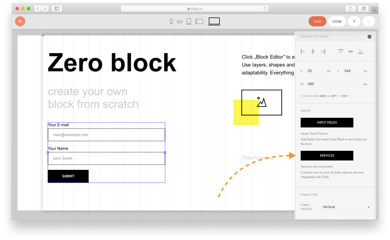 Интерфейс редактора Zero Block в Tilda: создание кастомной формы и настройка элементов дизайна с помощью панели свойств.