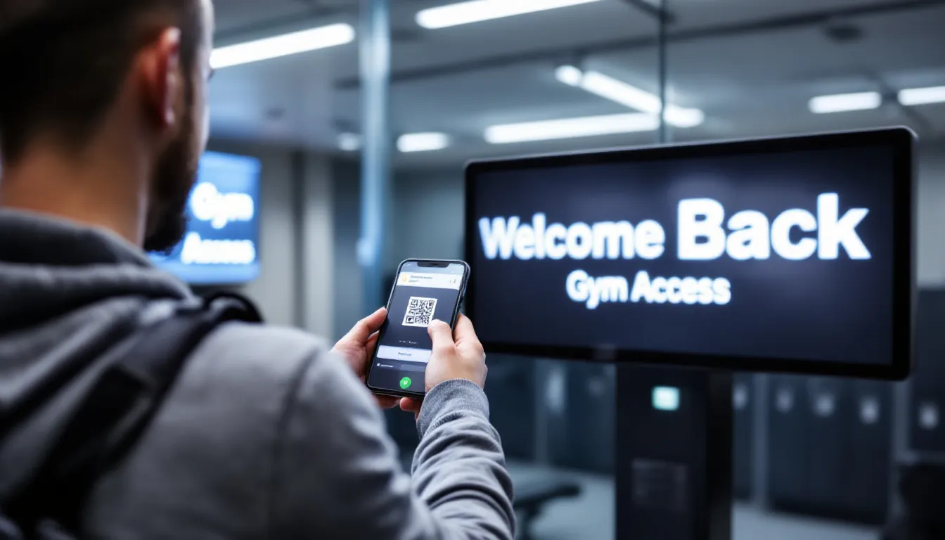 A gym member is using a mobile app to check into the gym by scanning a QR code, showcasing the convenience of gym management software for tracking attendance and enhancing the member experience. This feature allows for efficient member management and supports gym owners in streamlining their operations.