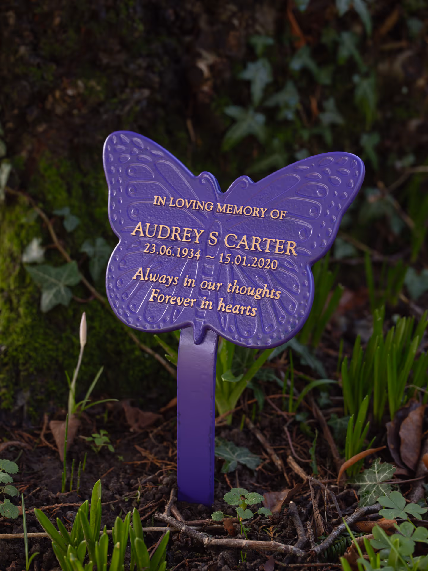 Angled view of a purple butterfly memorial plaque with raised text on a ground stake.