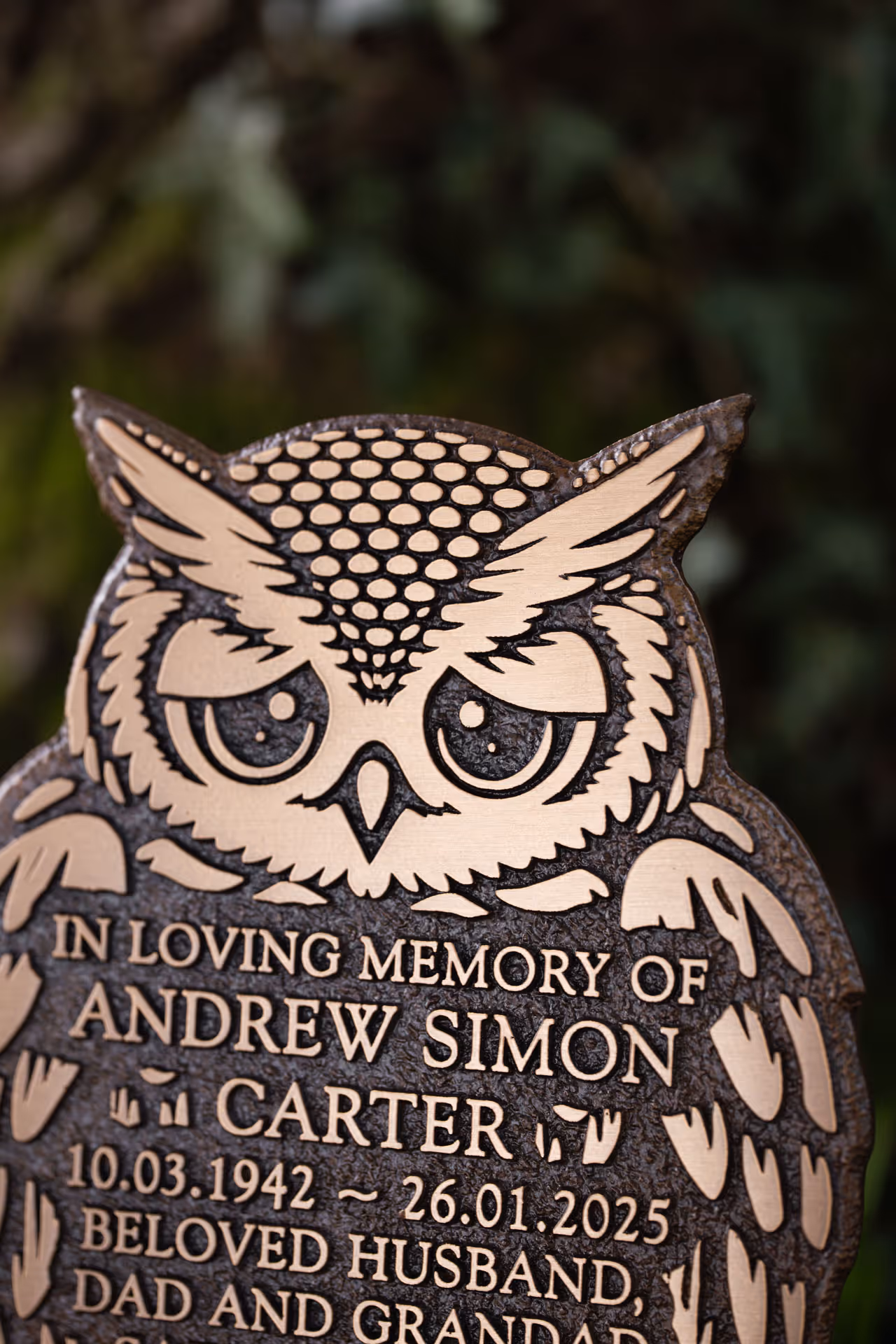 Owl memorial plaque in cast bronze with durable patinated finish for graves or remembrance gardens.