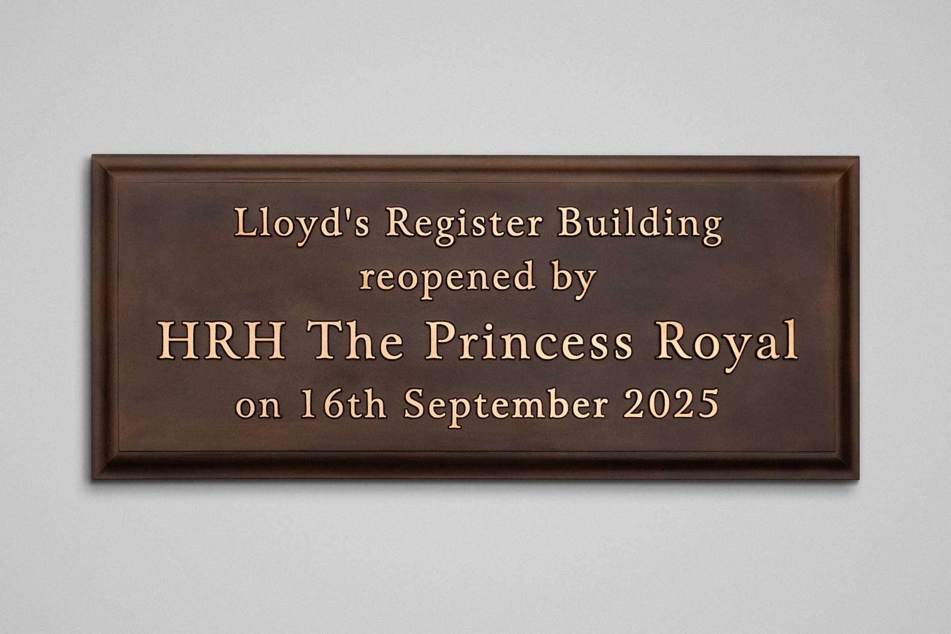 Cast bronze commemorative plaque for Lloyd’s Register Building with raised lettering and polished finish — premium commemorative signage crafted by Anglia Sign Casting, specialists in custom bronze plaques for buildings and heritage projects.