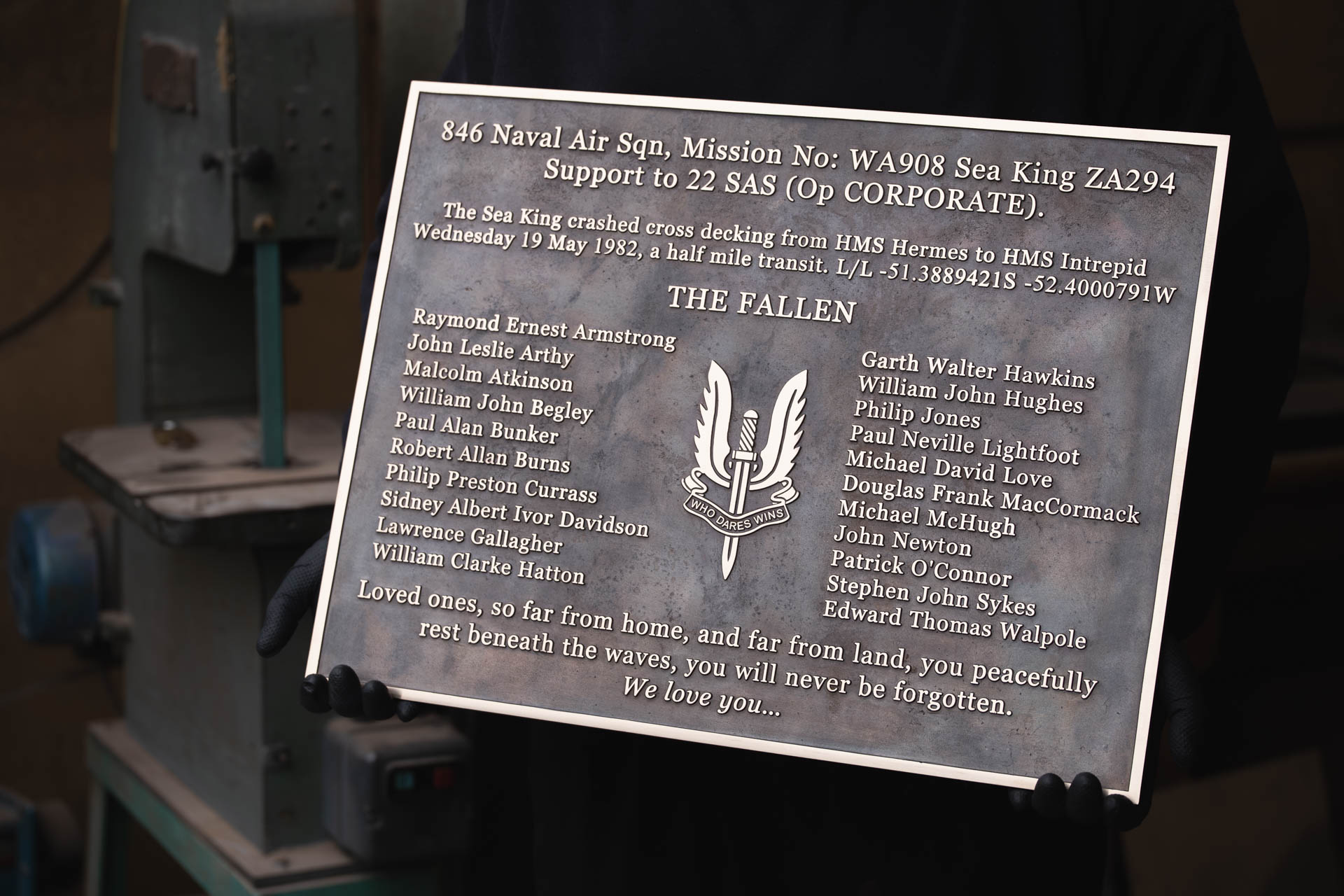 A memorial plaque honoring the 21 service personnel who lost their lives in the Falklands War when Royal Navy Sea King HC4 ZA294 of 846 Naval Air Squadron crashed into the ocean.