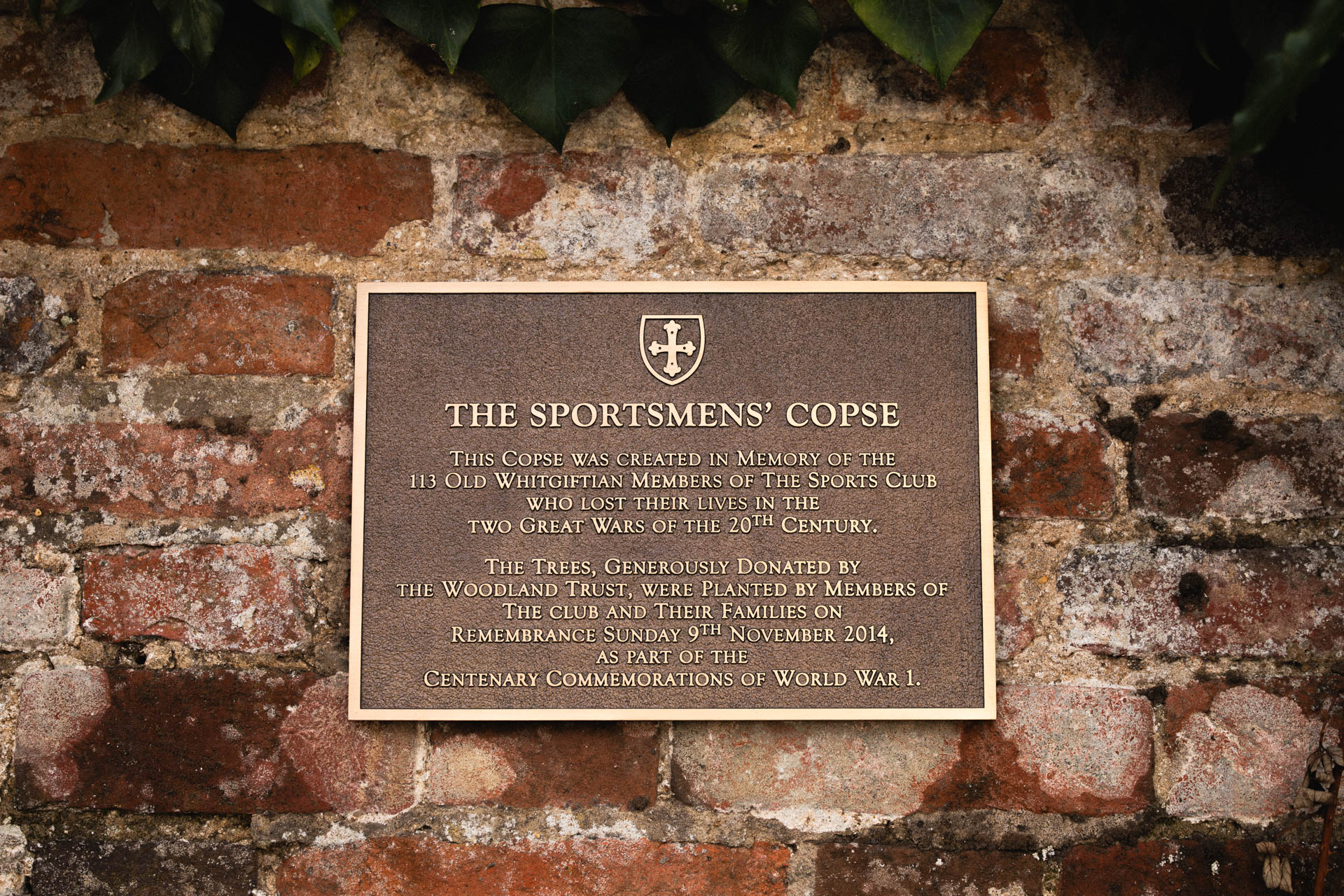 Bronze remembrance plaque commemorating 113 Old Whitgiftian members of the Sports Club who lost their lives in the two World Wars. Installed as part of the Centenary Commemorations of World War I in 2014.