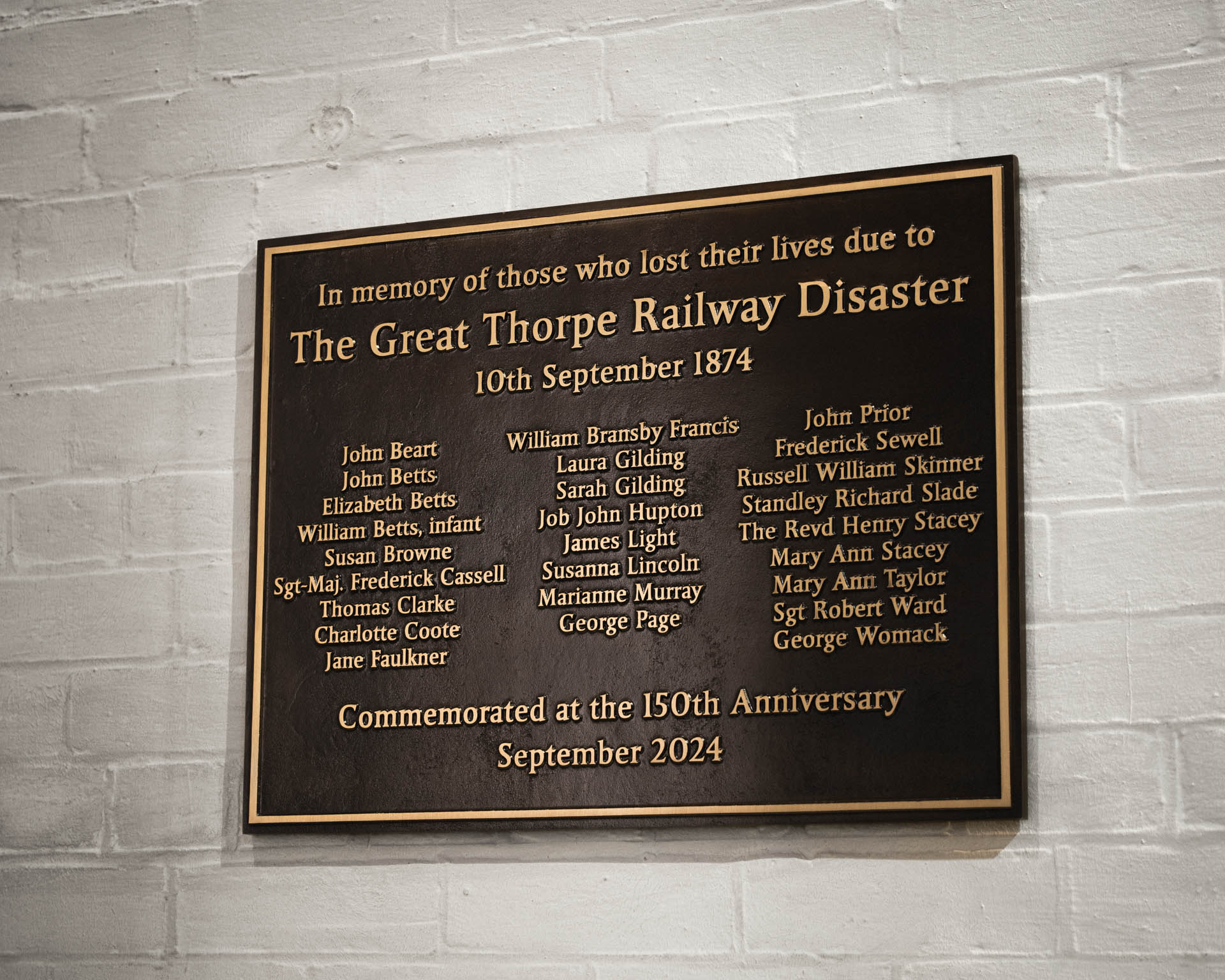 Commemorative bronze plaque marking 150 years since the Great Thorpe Railway Disaster, honouring those who lost their lives. Handmade by Anglia Sign Casting for the 150th anniversary in September 2024.