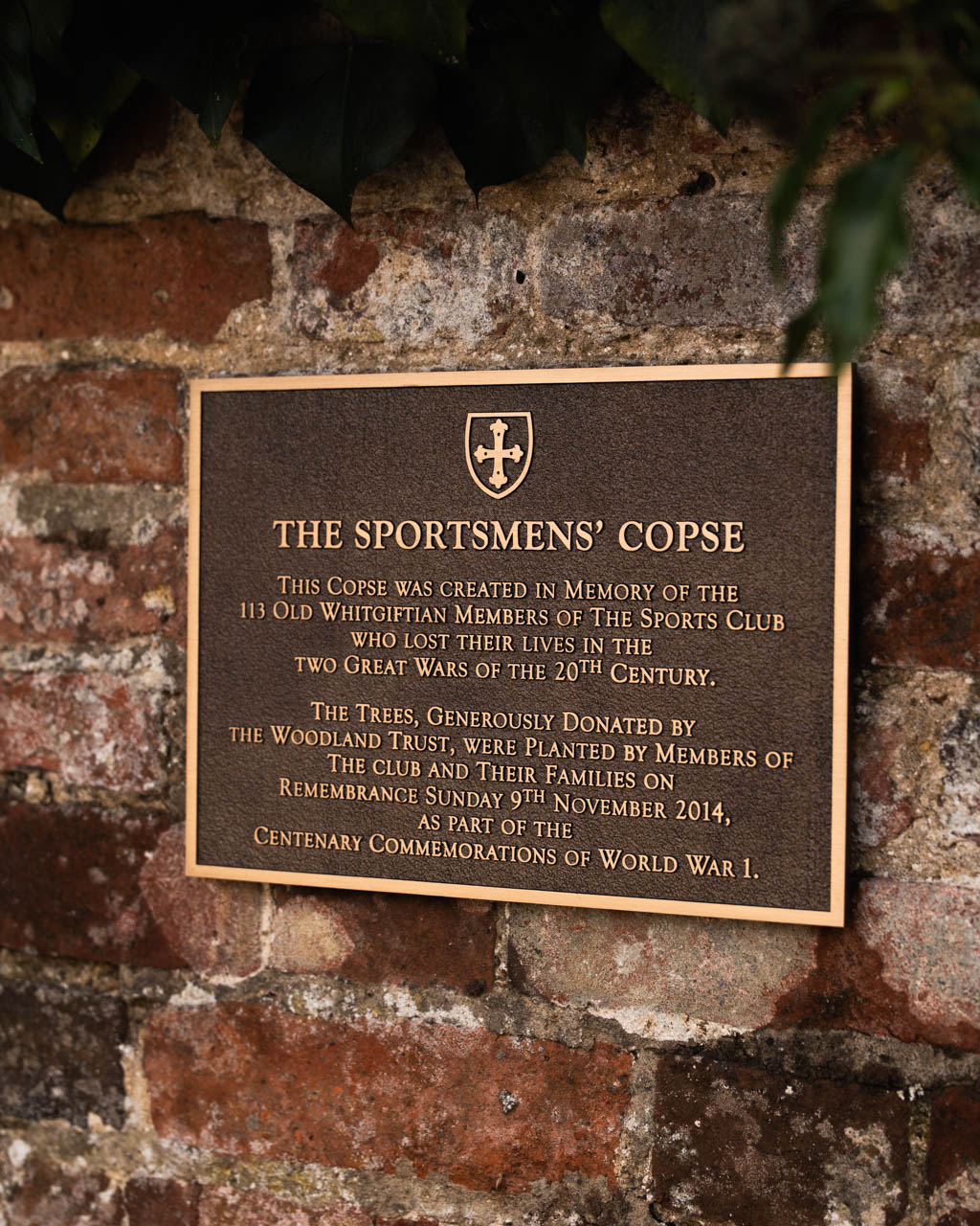 Bronze remembrance plaque honouring 113 Old Whitgiftian Sports Club members who lost their lives in the First and Second World Wars. Custom-made memorial plaque installed in 2014 as part of the Centenary Commemorations of World War I.