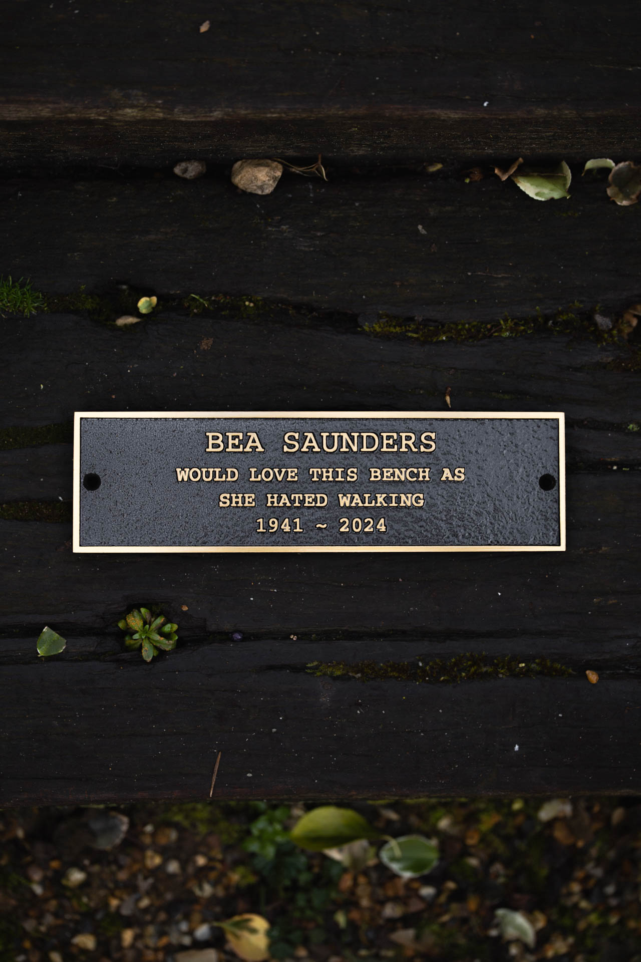 Custom cast bronze bench plaque with raised gold-tone lettering, reading 'Bea Saunders would love this bench as she hated walking 1941 - 2024.' Featuring a textured black background, durable weather-resistant finish, and pre-drilled holes for easy mounting. This personalised dedication plaque is perfect for memorial benches, tribute markers, and outdoor seating areas in parks and gardens.
