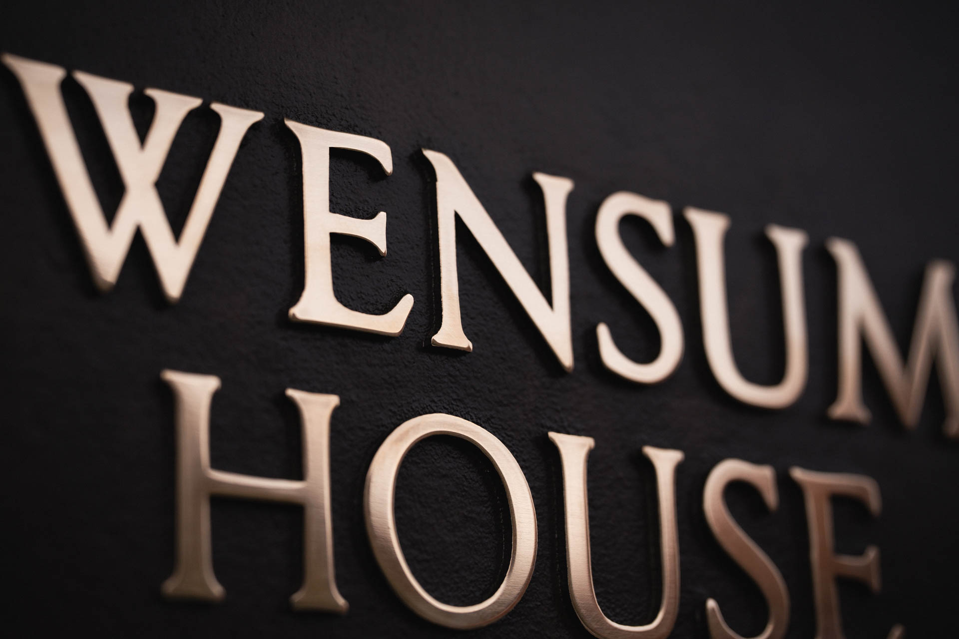 Extreme close-up of a cast bronze house sign reading “Wensum House” with raised polished bronze lettering and a dark patinated background, showing fine detail and texture.