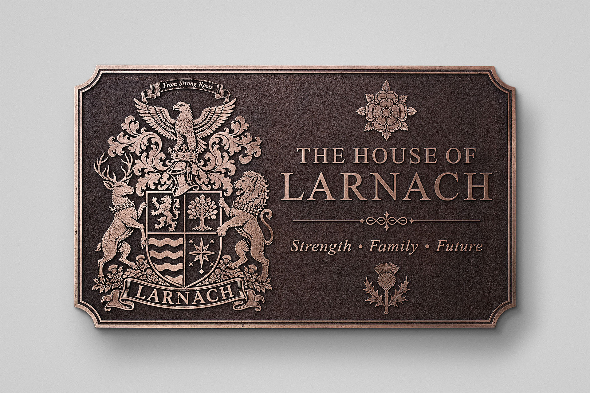 Custom cast bronze plaque featuring an ornate family coat of arms, raised polished lettering and dark bronze patina.