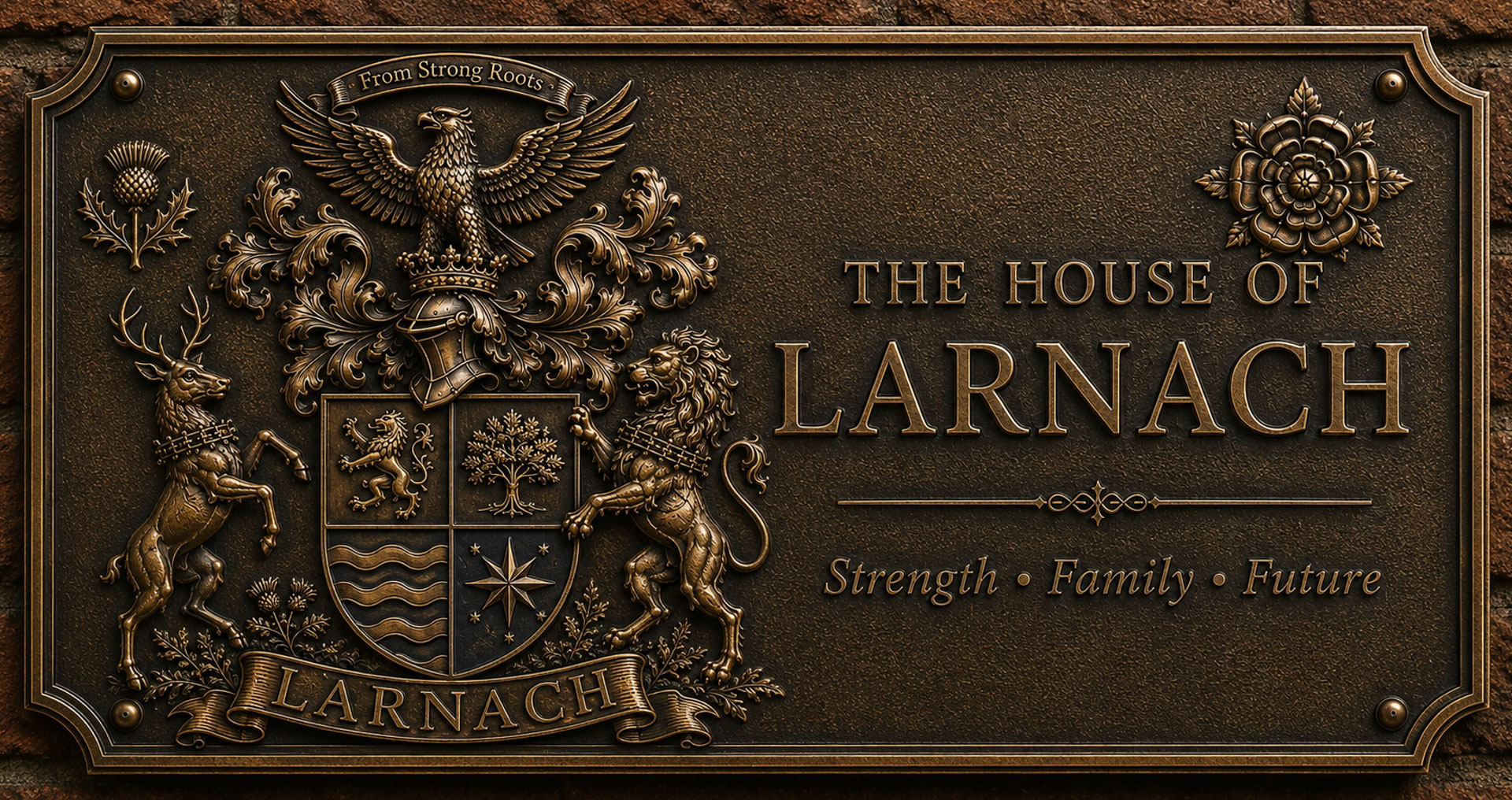 AI mockup showing a bespoke bronze ‘Bodega de Max’ sign with monogram, decorative border and polished bronze details.