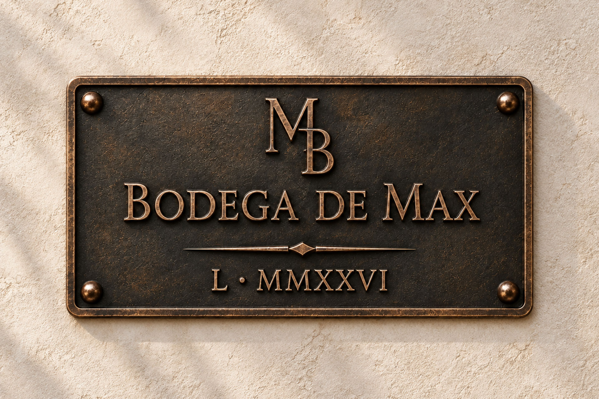 AI mockup showing a bespoke bronze ‘Bodega de Max’ sign with monogram, decorative border and polished bronze details.