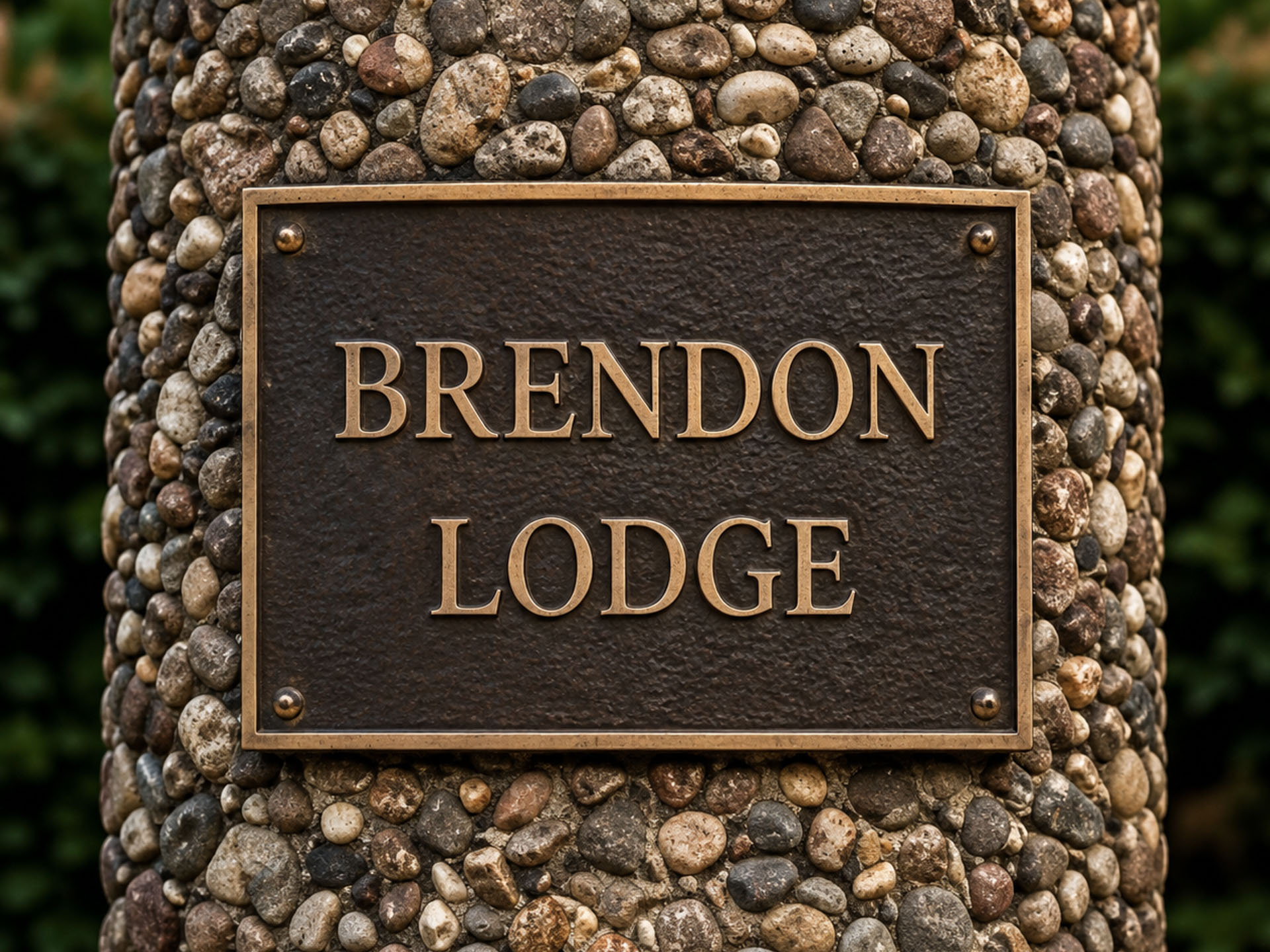 AI-generated concept image showing a bespoke cast bronze ‘Brendon Lodge’ house sign mounted on an exterior pillar.