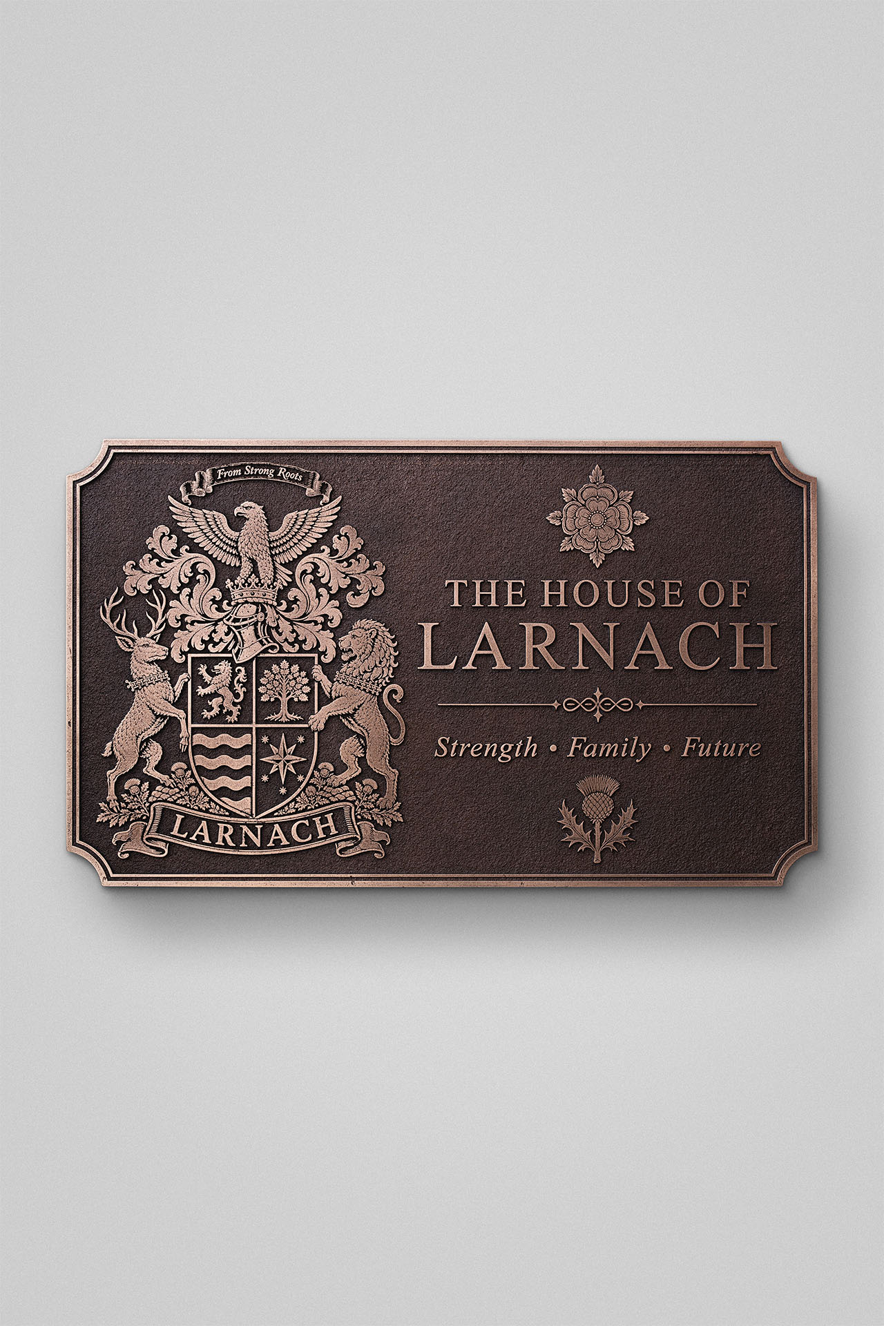 Custom cast bronze House of Larnach plaque featuring a detailed family crest, raised lettering and traditional heraldic design.