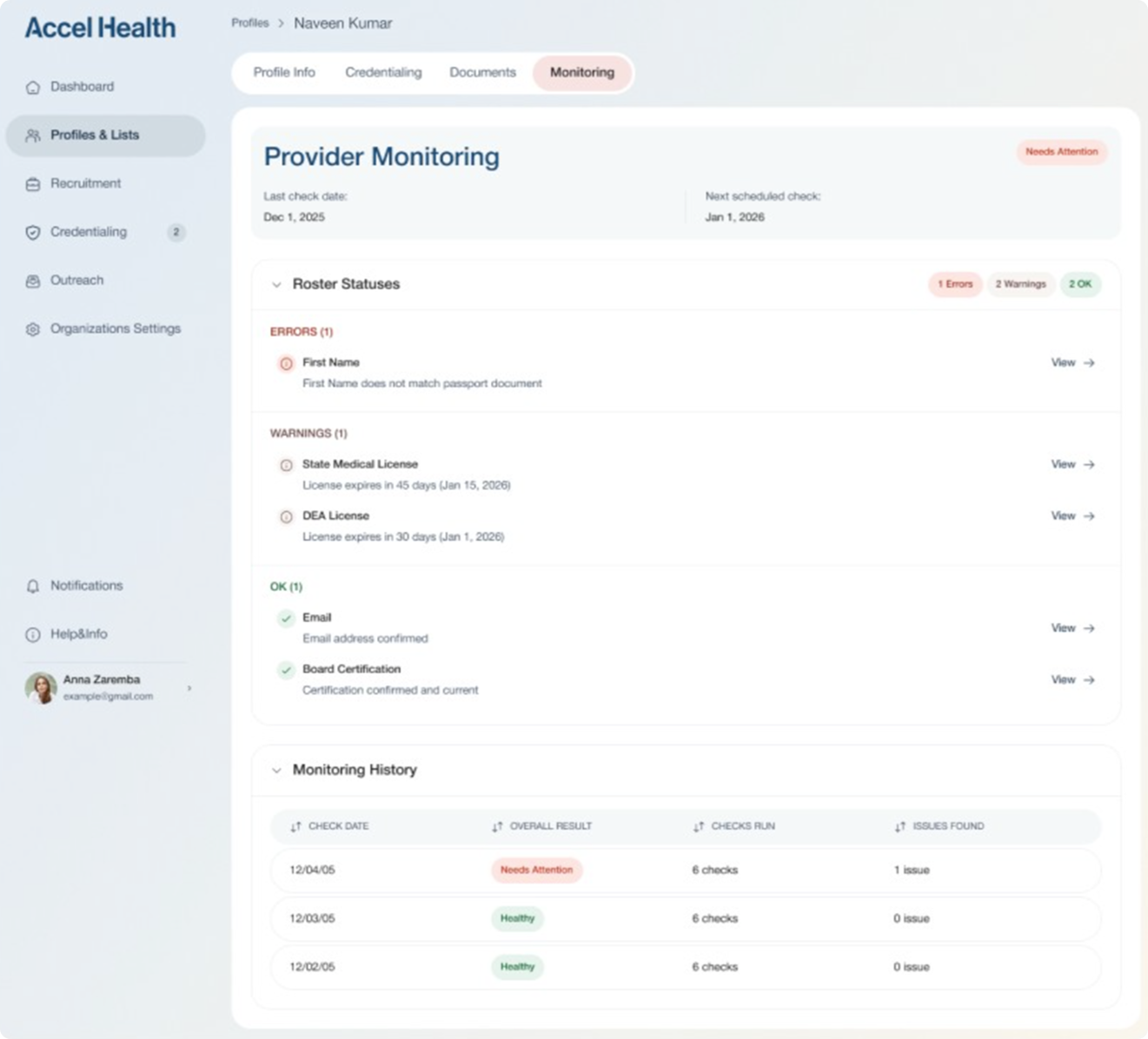 A screenshot of Accel Health's platform showcasing the Provider Monitoring Credentialing page. 