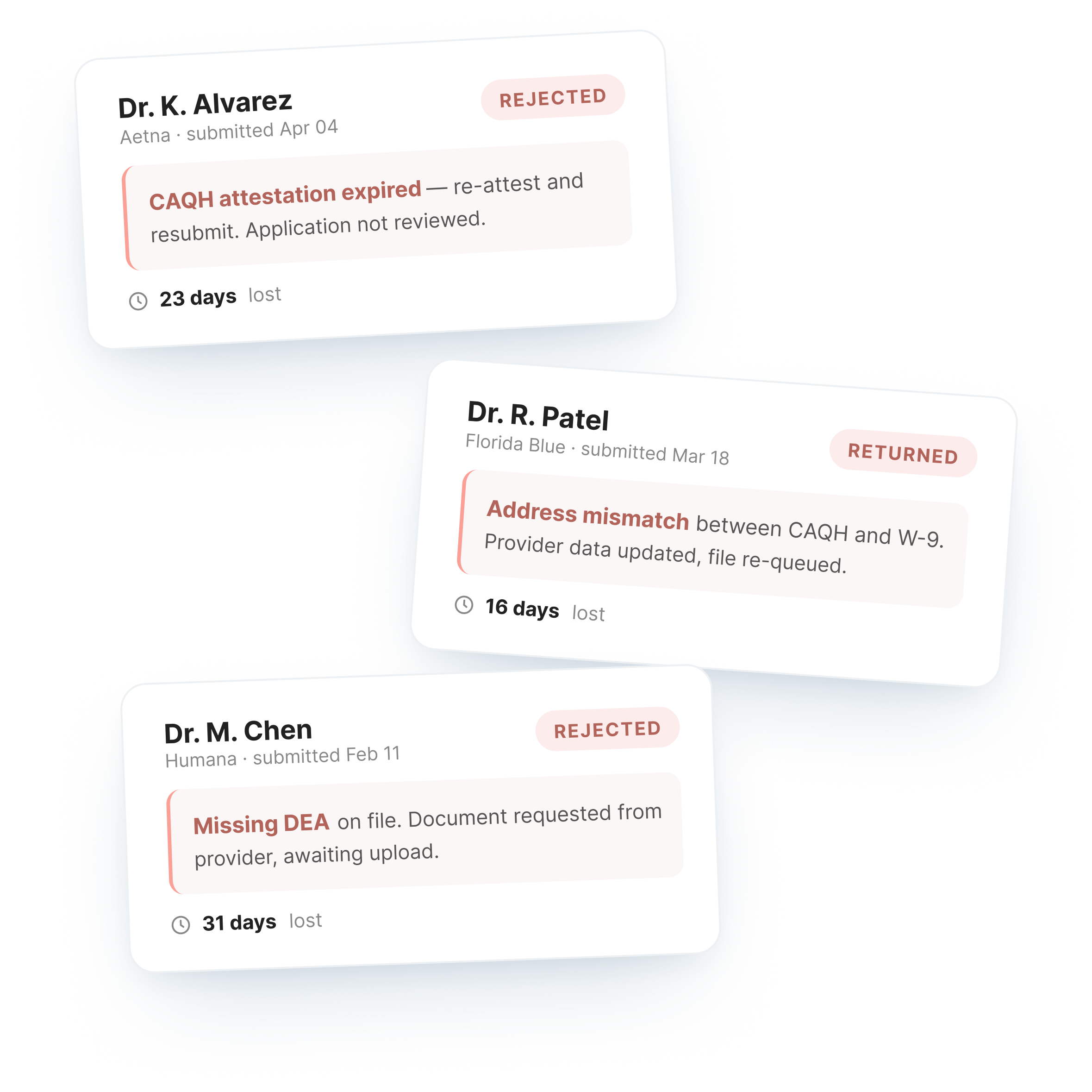 Three example payer rejection cards showing CAQH expiration address mismatch and missing DEA delays