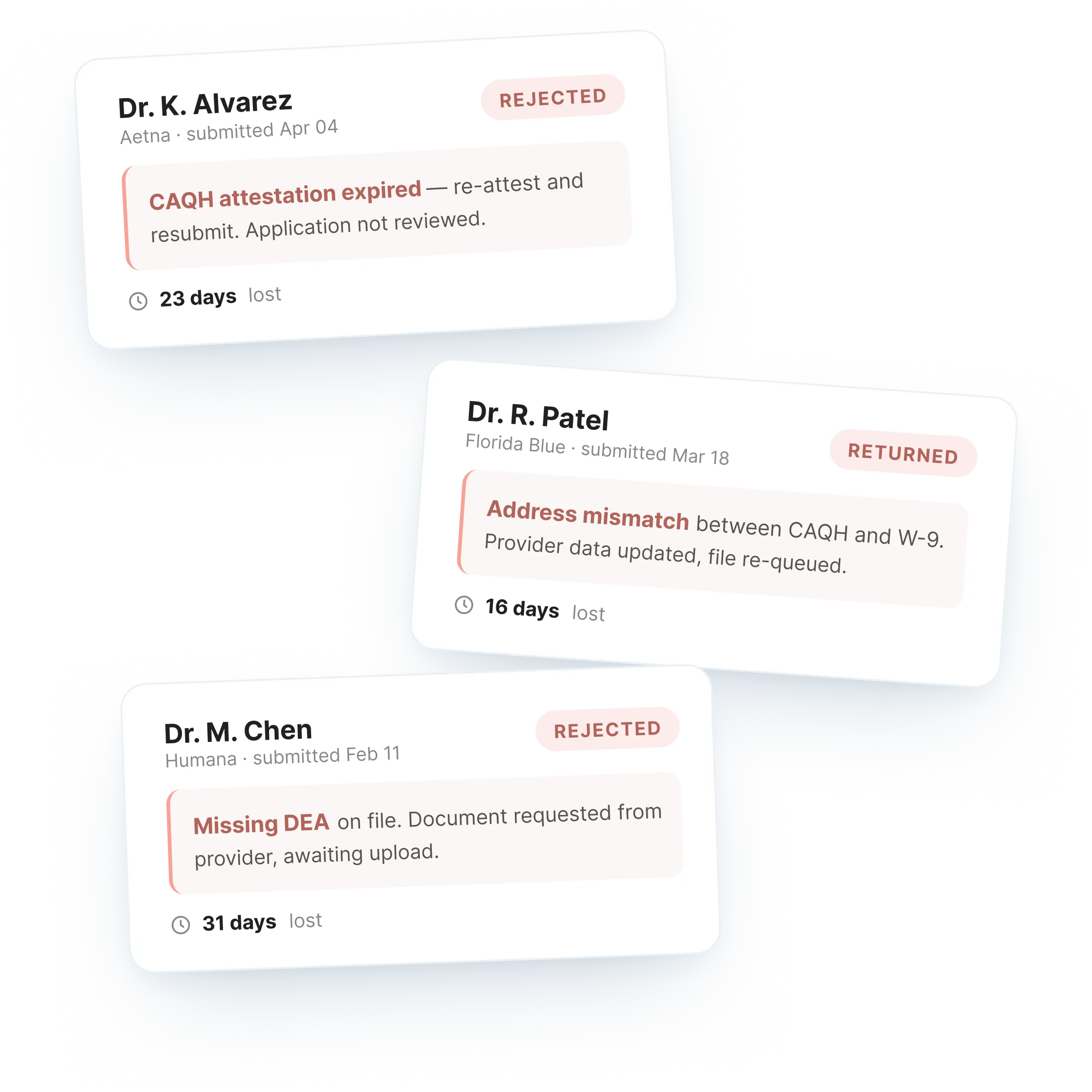 Three example payer rejection cards showing CAQH expiration address mismatch and missing DEA delays