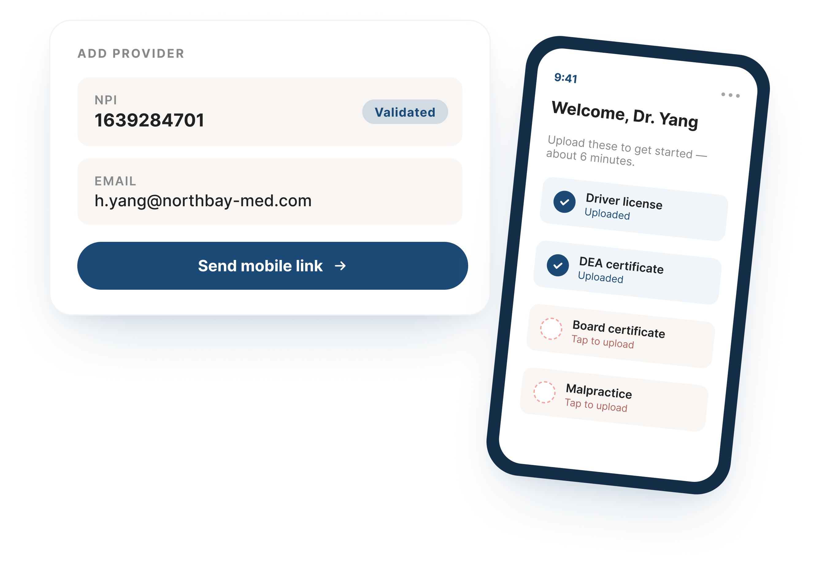 Provider onboarding mockup with NPI validation field and mobile upload prompt