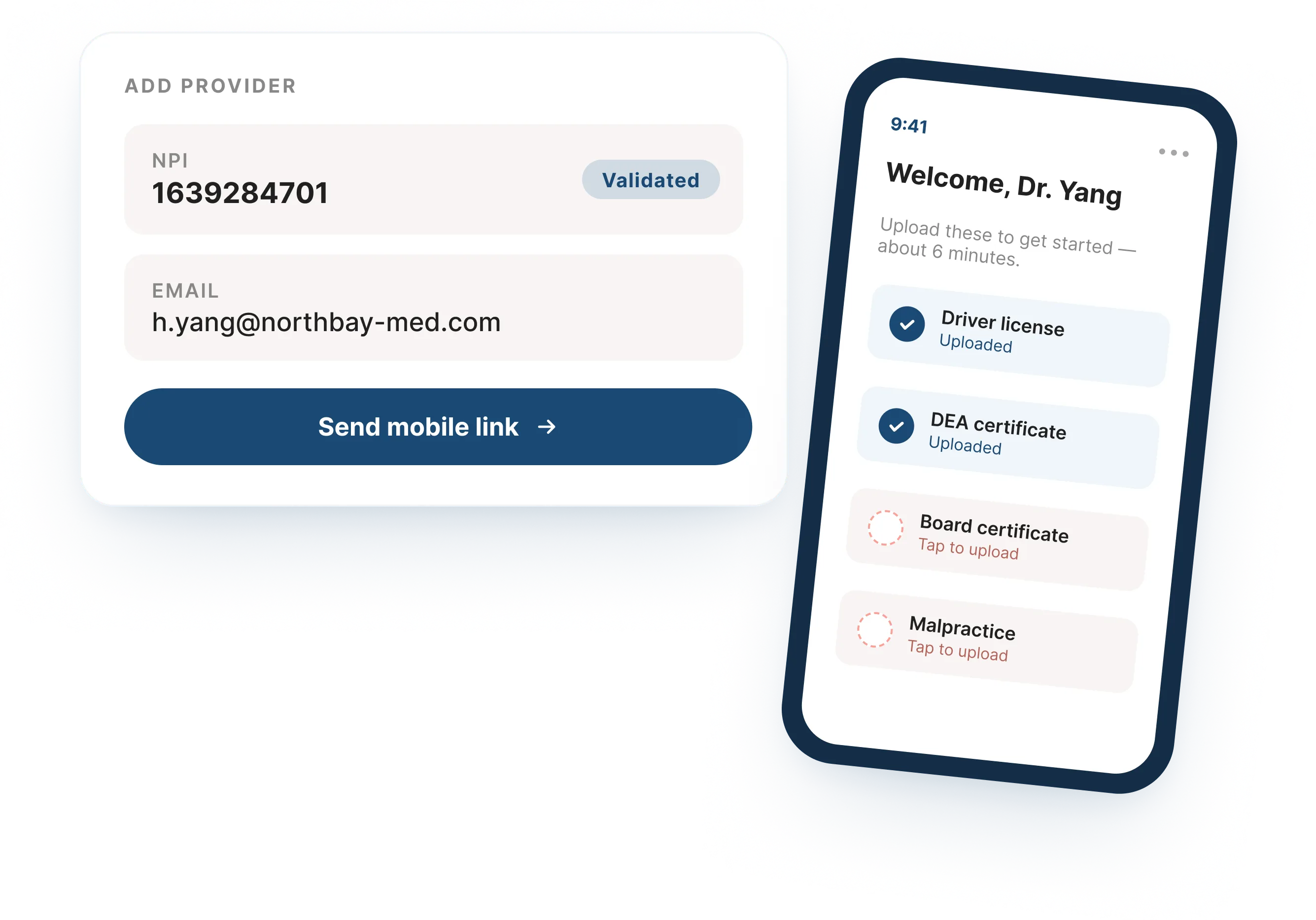 Provider onboarding mockup with NPI validation field and mobile upload prompt