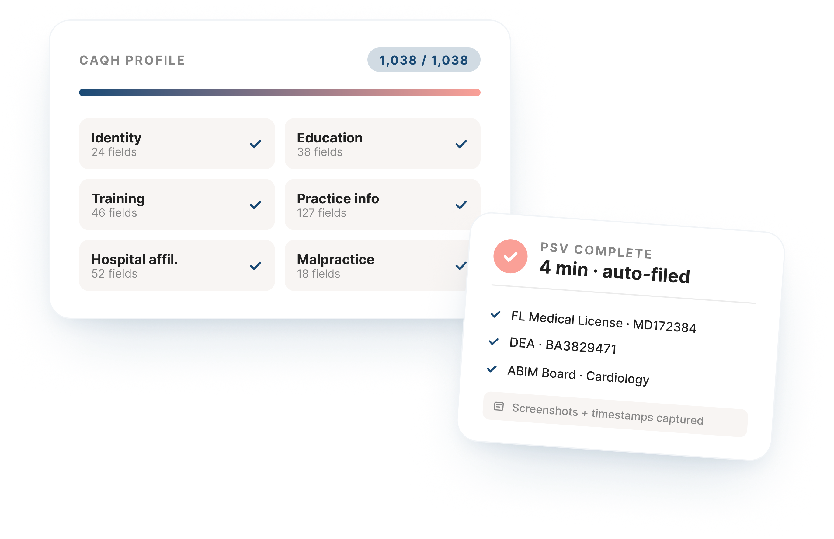 CAQH profile completion mockup with progress bar and verified sections