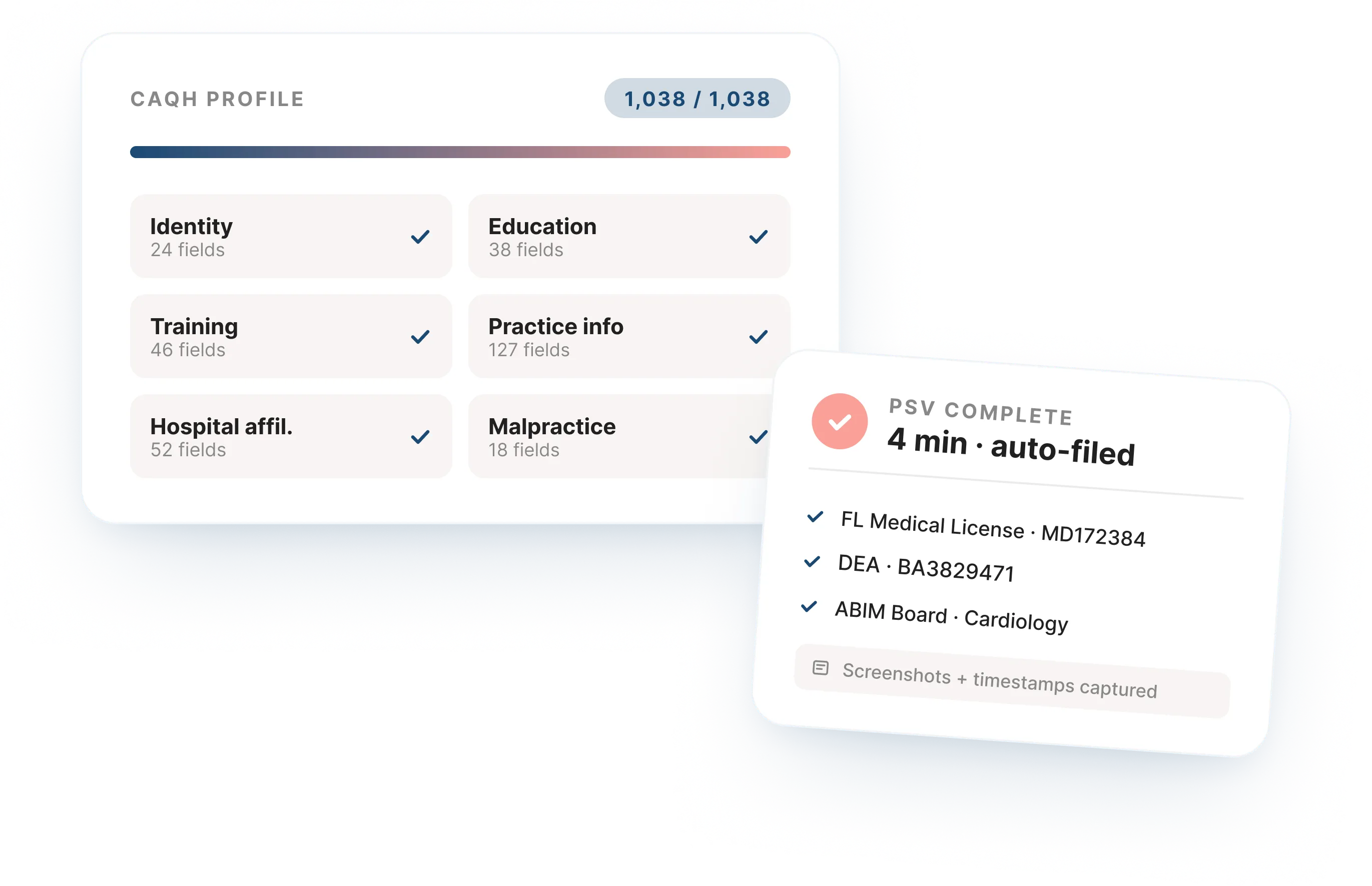 CAQH profile completion mockup with progress bar and verified sections