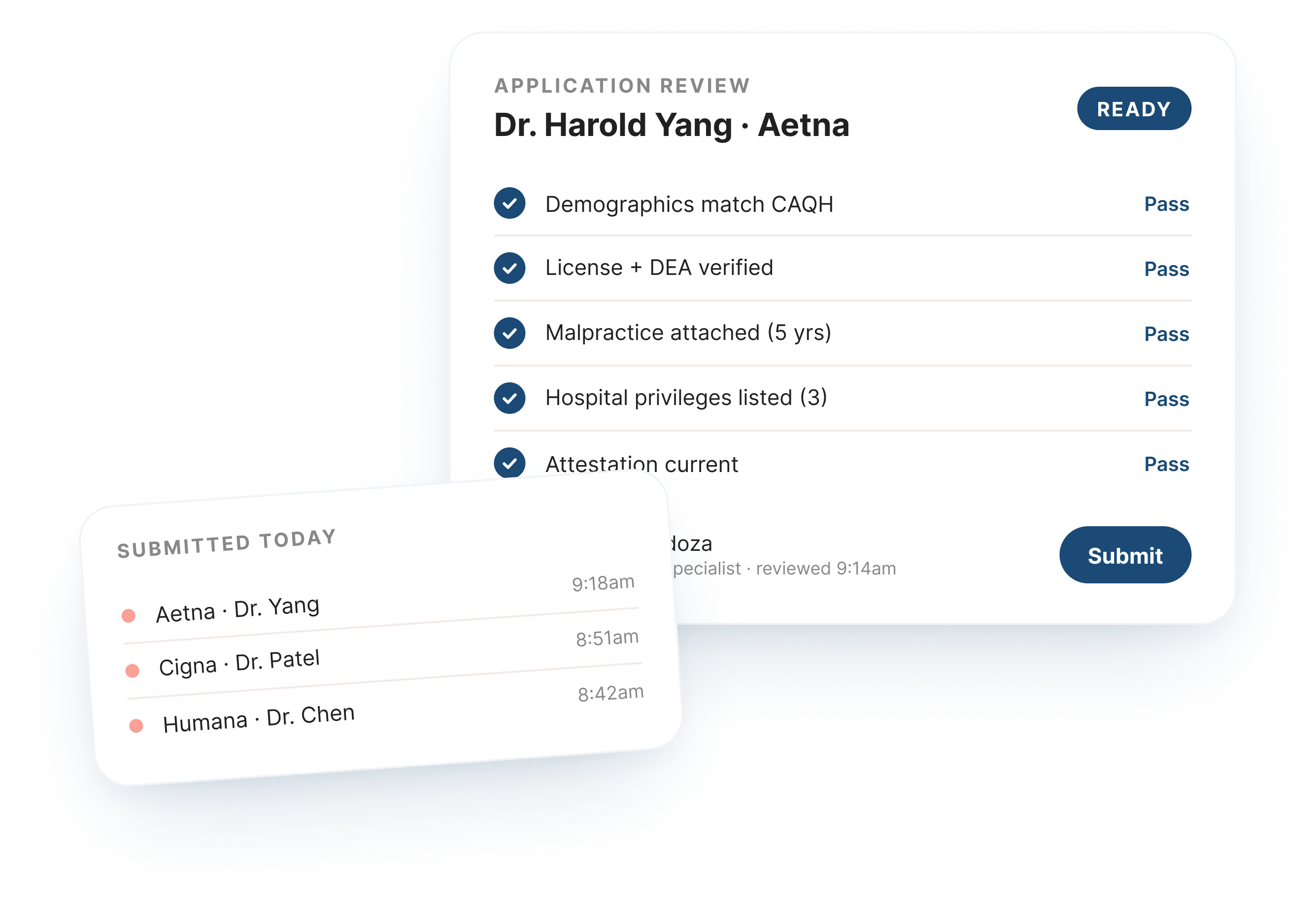 Application review mockup with passing checks and enrollment specialist submit action