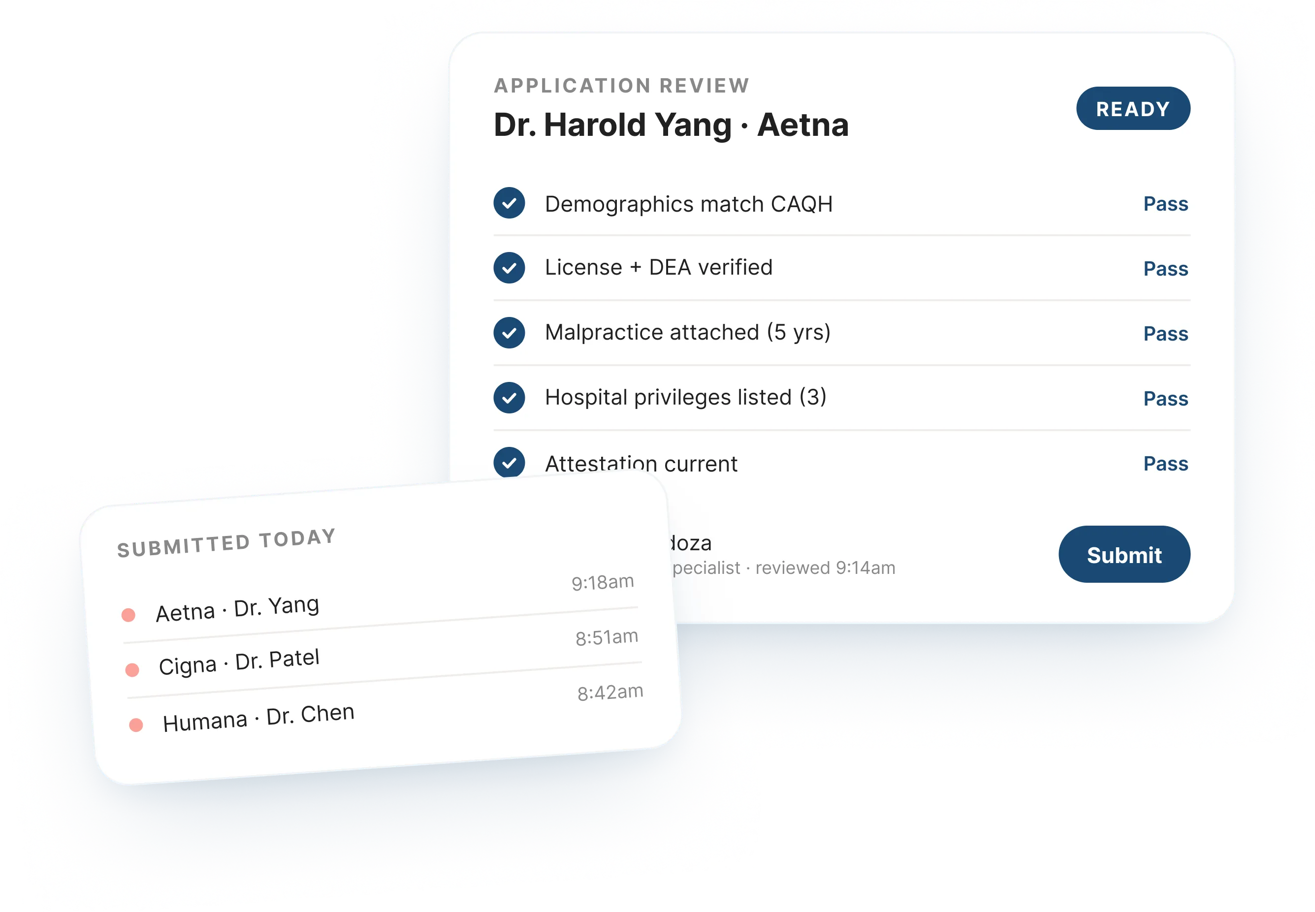 Application review mockup with passing checks and enrollment specialist submit action