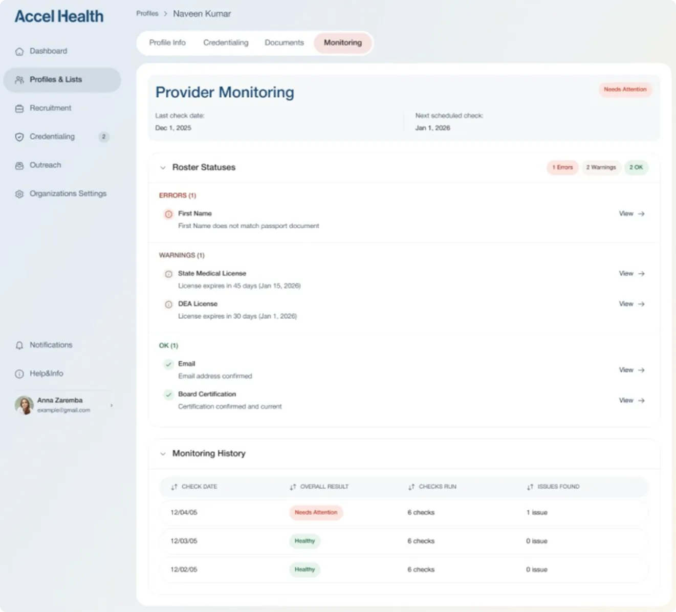 A screenshot of Accel Health's platform showcasing the Provider Monitoring Credentialing page. 