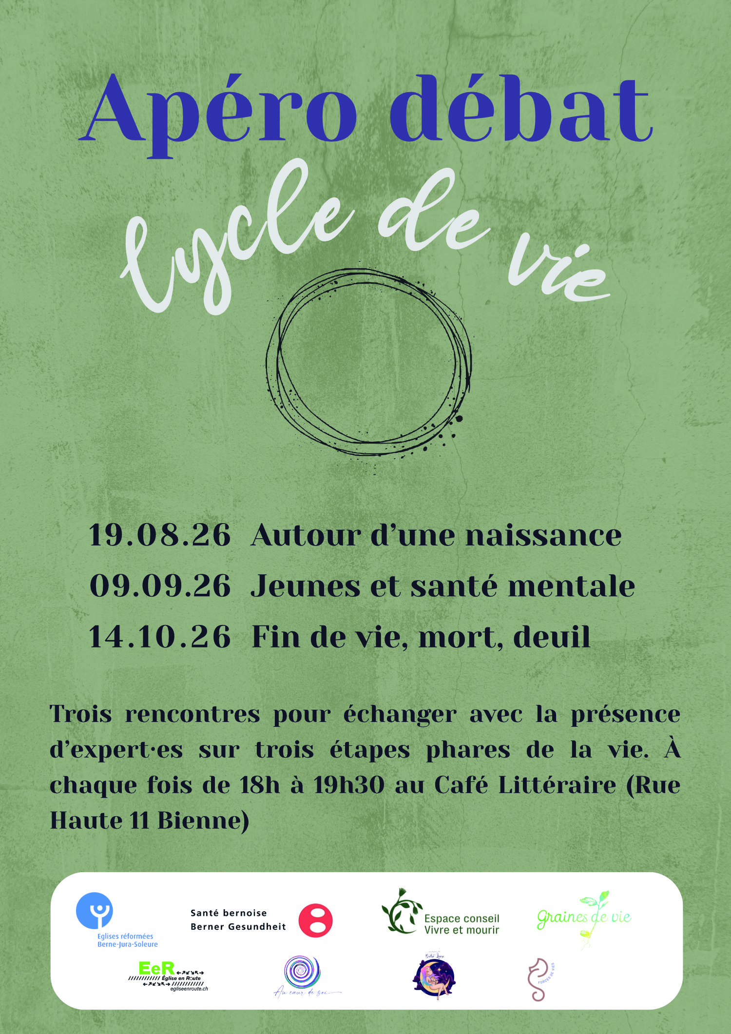 Apéro débat cycle de vie: Naissance - Jeunesse - Fin de vie, mort, deuil 14 octobre 2026, 18h-19h30 Café littéraire, Bienne
