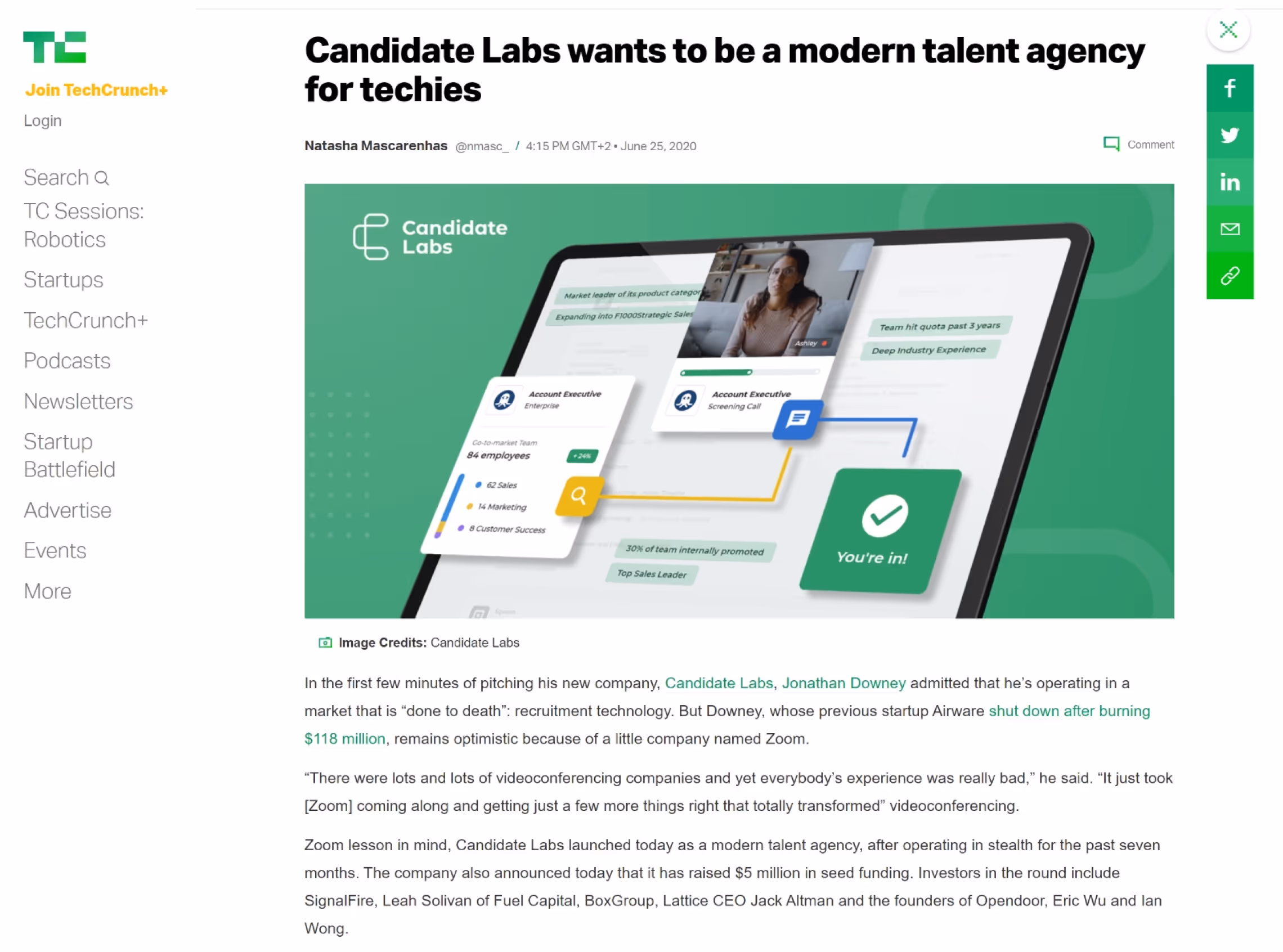 TechCrunch article screenshot