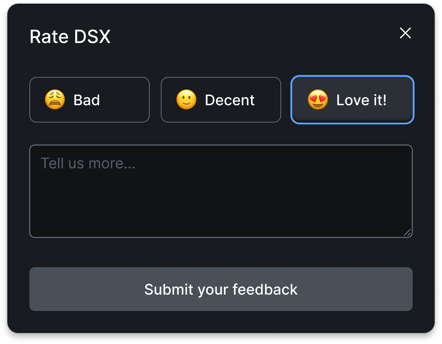 Rate DSX UI Kit feedback modal, encouraging users to share their experience for continuous improvement.