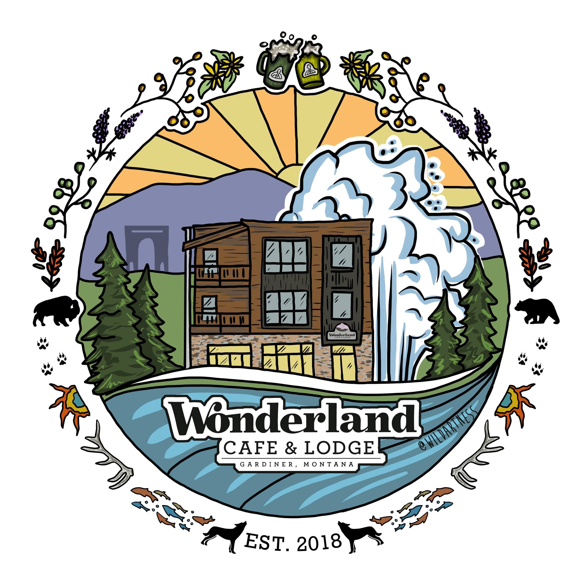 Wonderland Cafe & Lodge logo featuring an artful illustration of their building, the river and a geyser going off