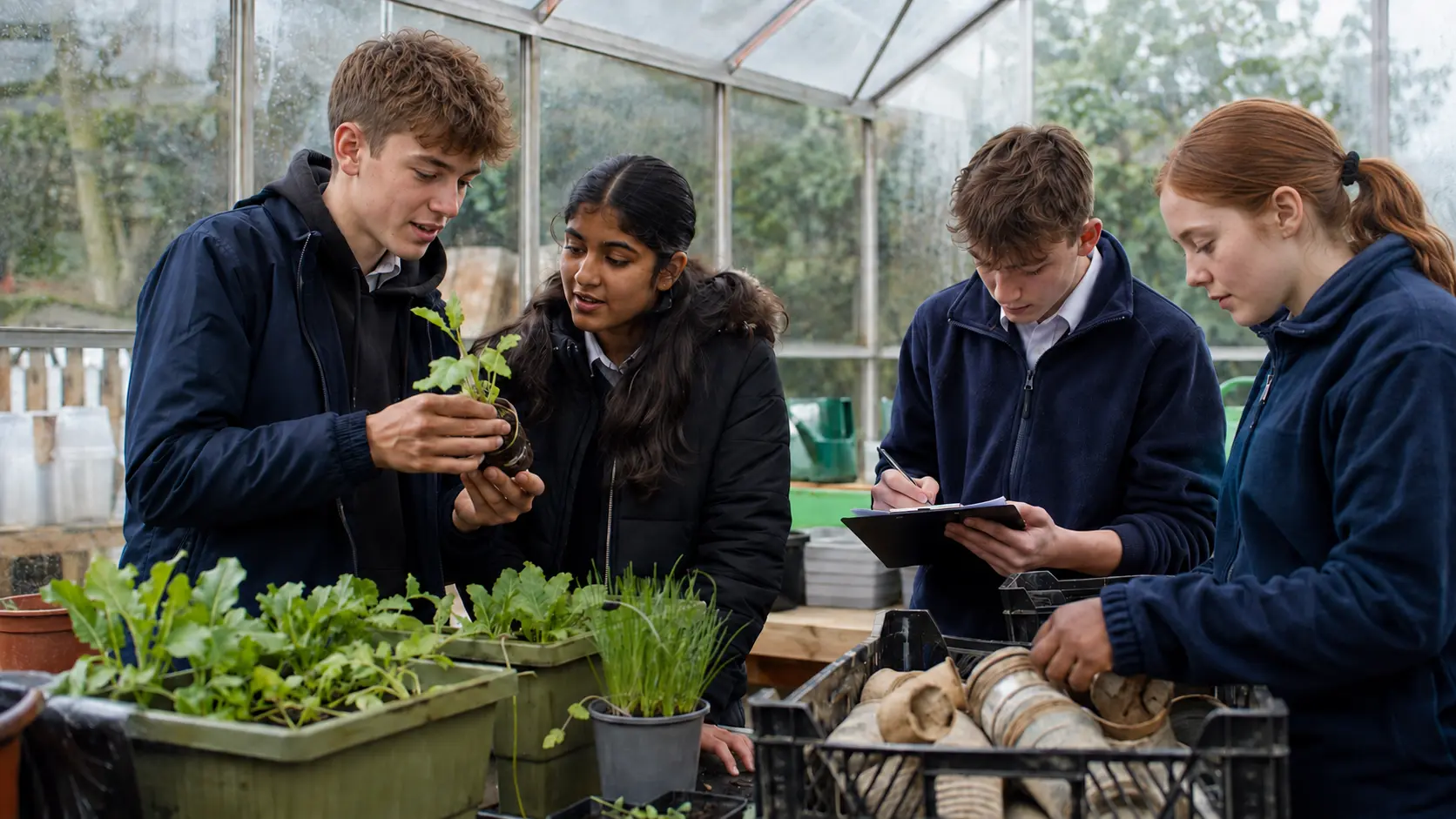Transition Year students working on a climate and sustainability project in a school greenhouse