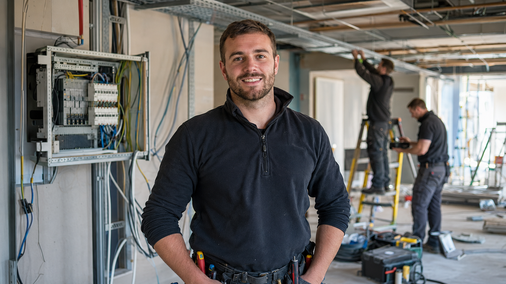 An electrician in a commercial workplace representing technology, engineering and trade careers
