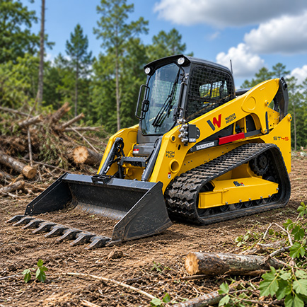 Yellow skid steer loader clearing branches and logs in a forested area under a blue sky.