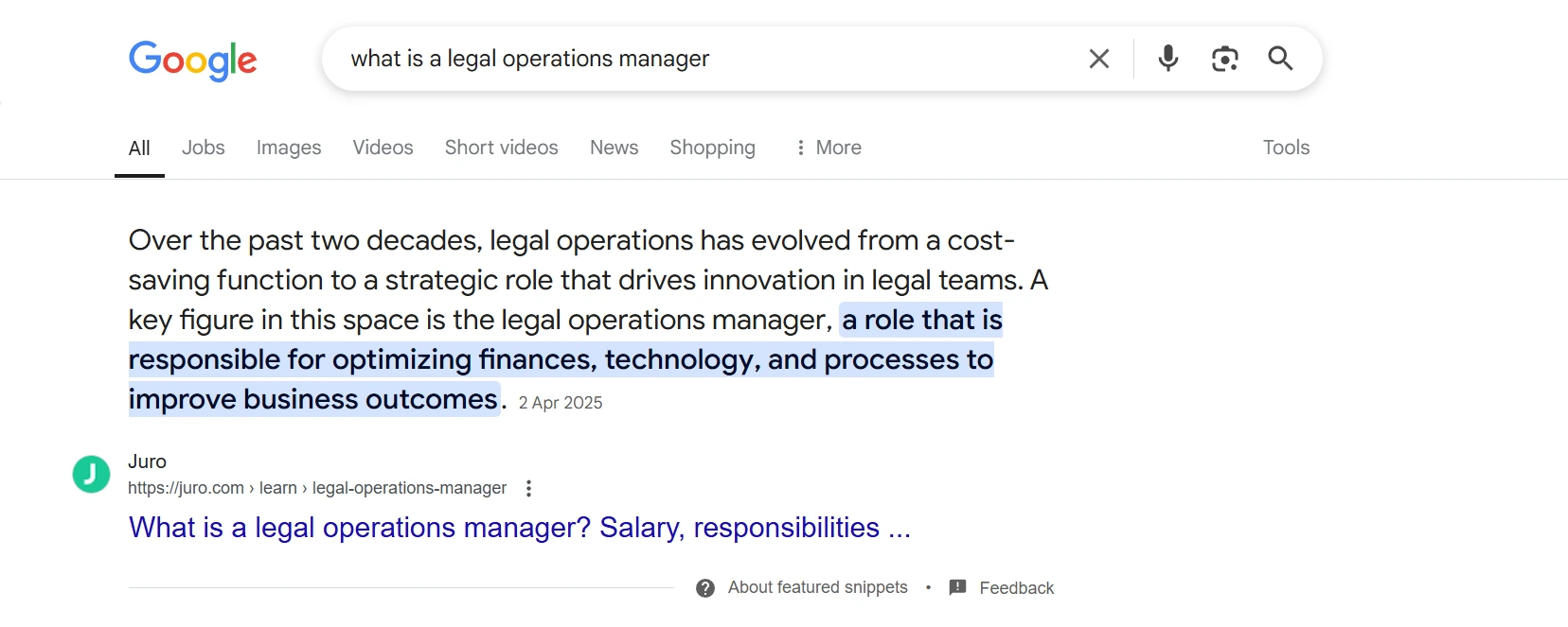 legal operations manager featured snippet